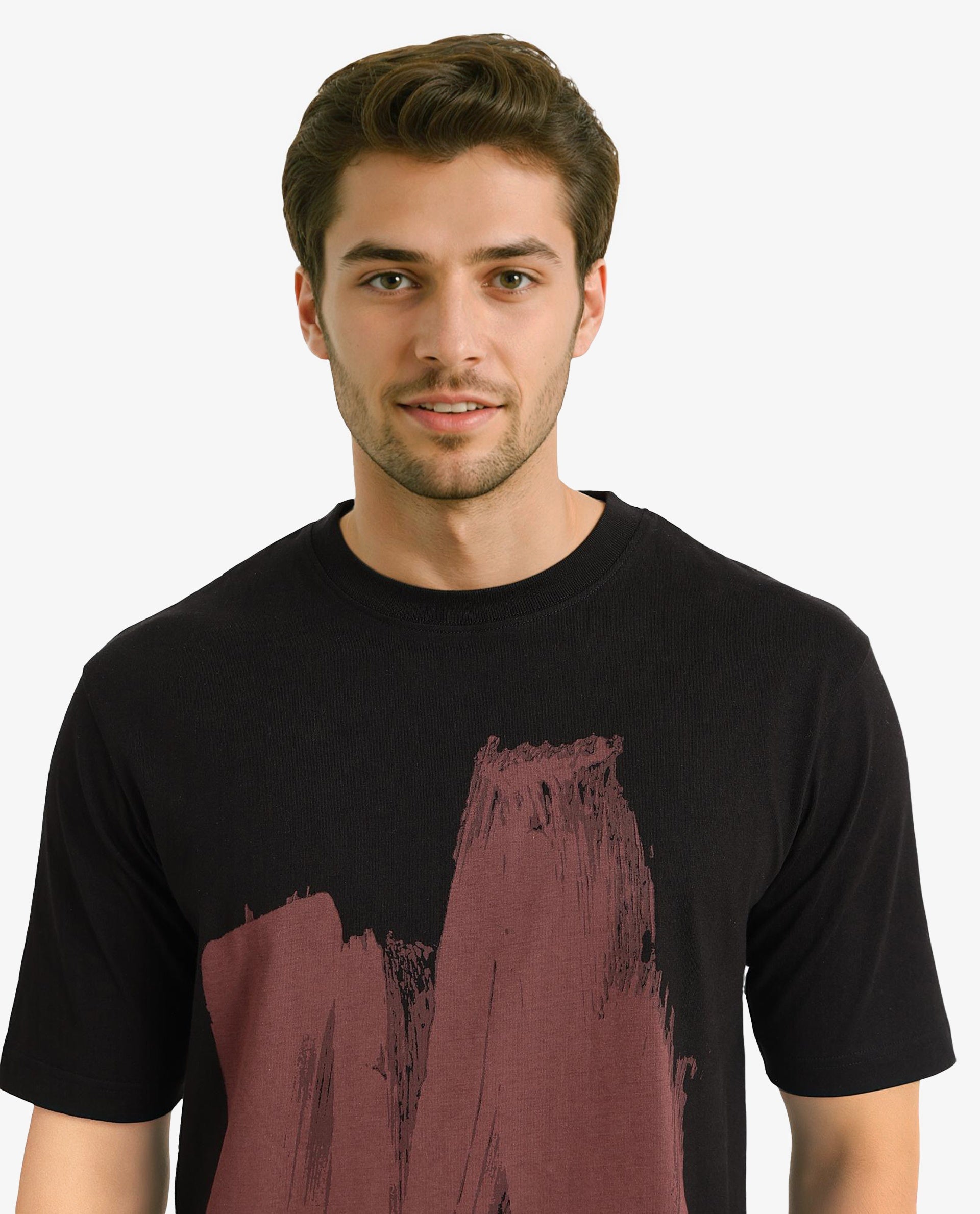 Rare Rabbit Men Jade Black Cotton Fabric Short Sleeve Crew Neck Oversized Fit Abstract Graphic Print T-Shirt