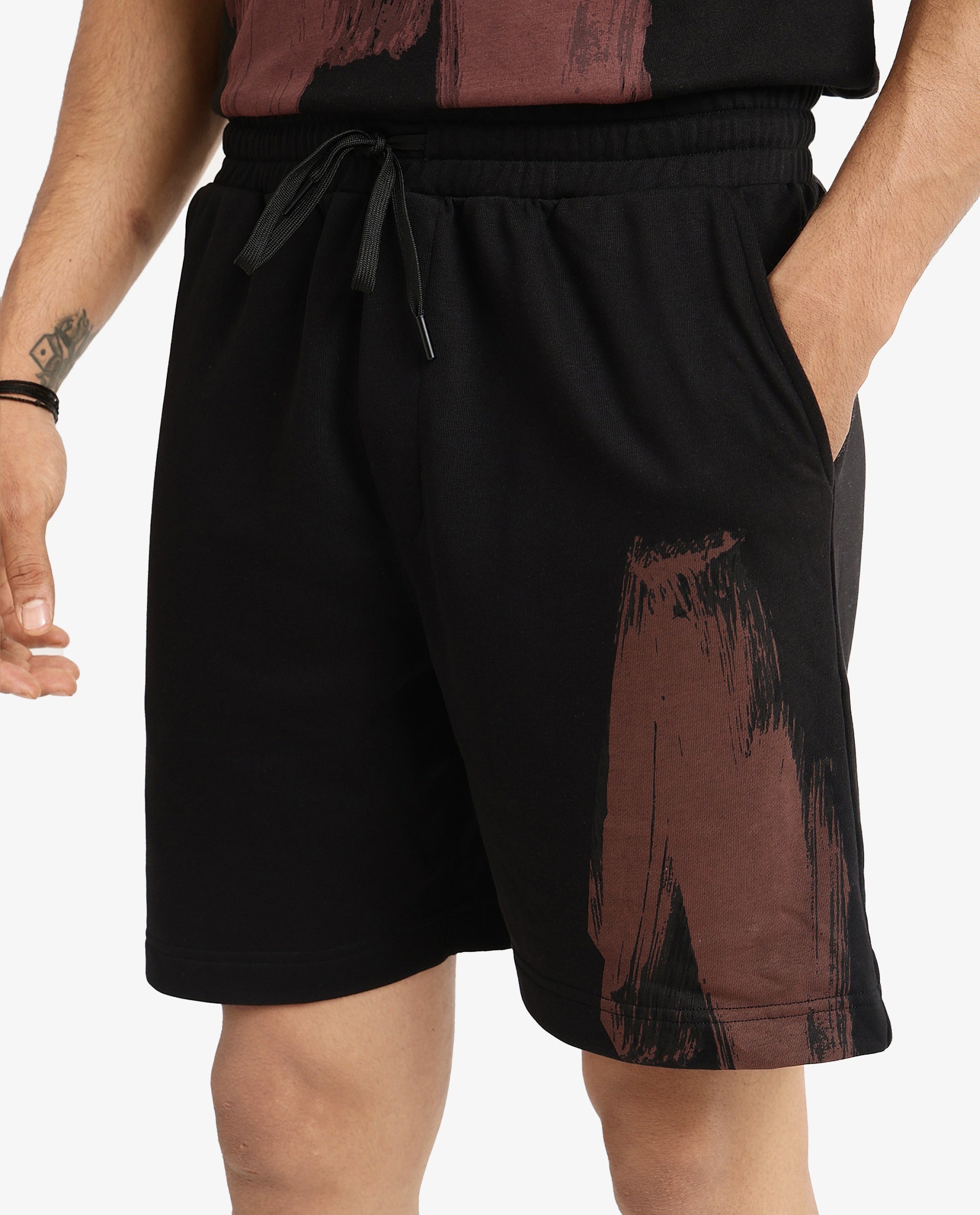 Rare Rabbit Men Jade-B Black Terry Cotton Polyester Fabric Drawstring Closure Oversized Fit Abstract Graphic Print Shorts