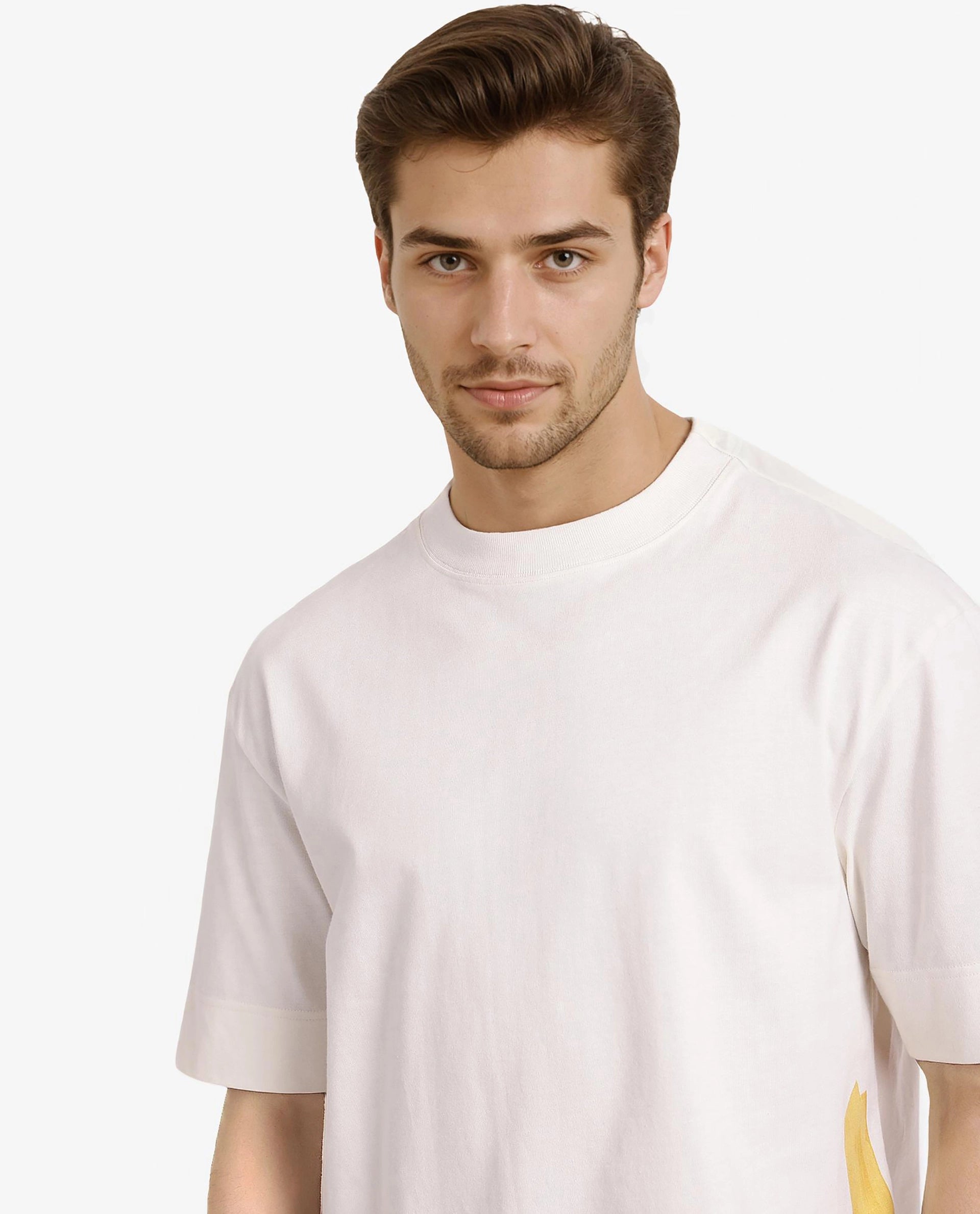 Rare Rabbit Men Jadez Off White Cotton Fabric Short Sleeve Crew Neck Oversized Fit Abstract Graphic Back Print T-Shirt