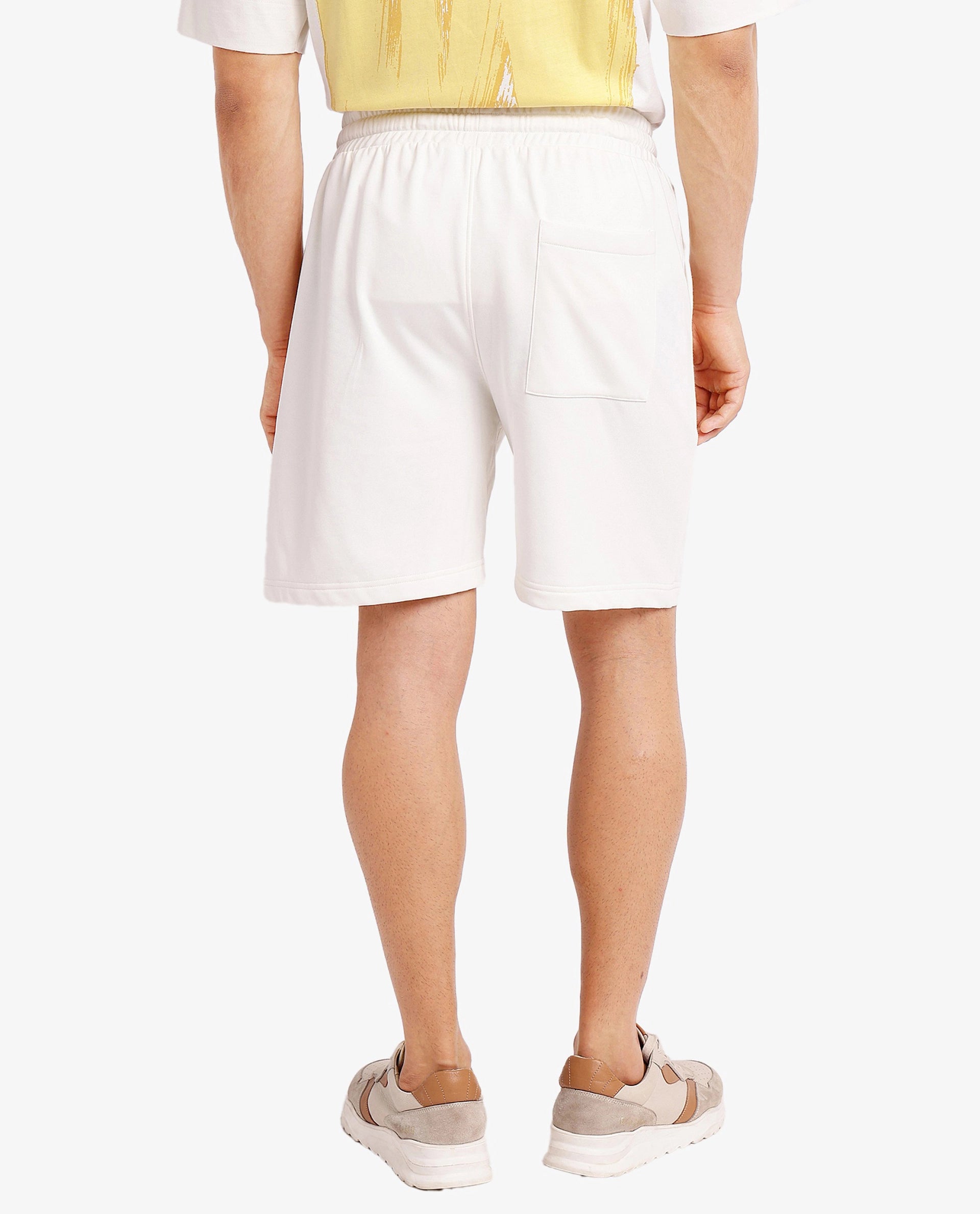 Rare Rabbit Men Jadez-B Off White Cotton Fabric Placement Print Drawstring Closure Oversized Fit Shorts