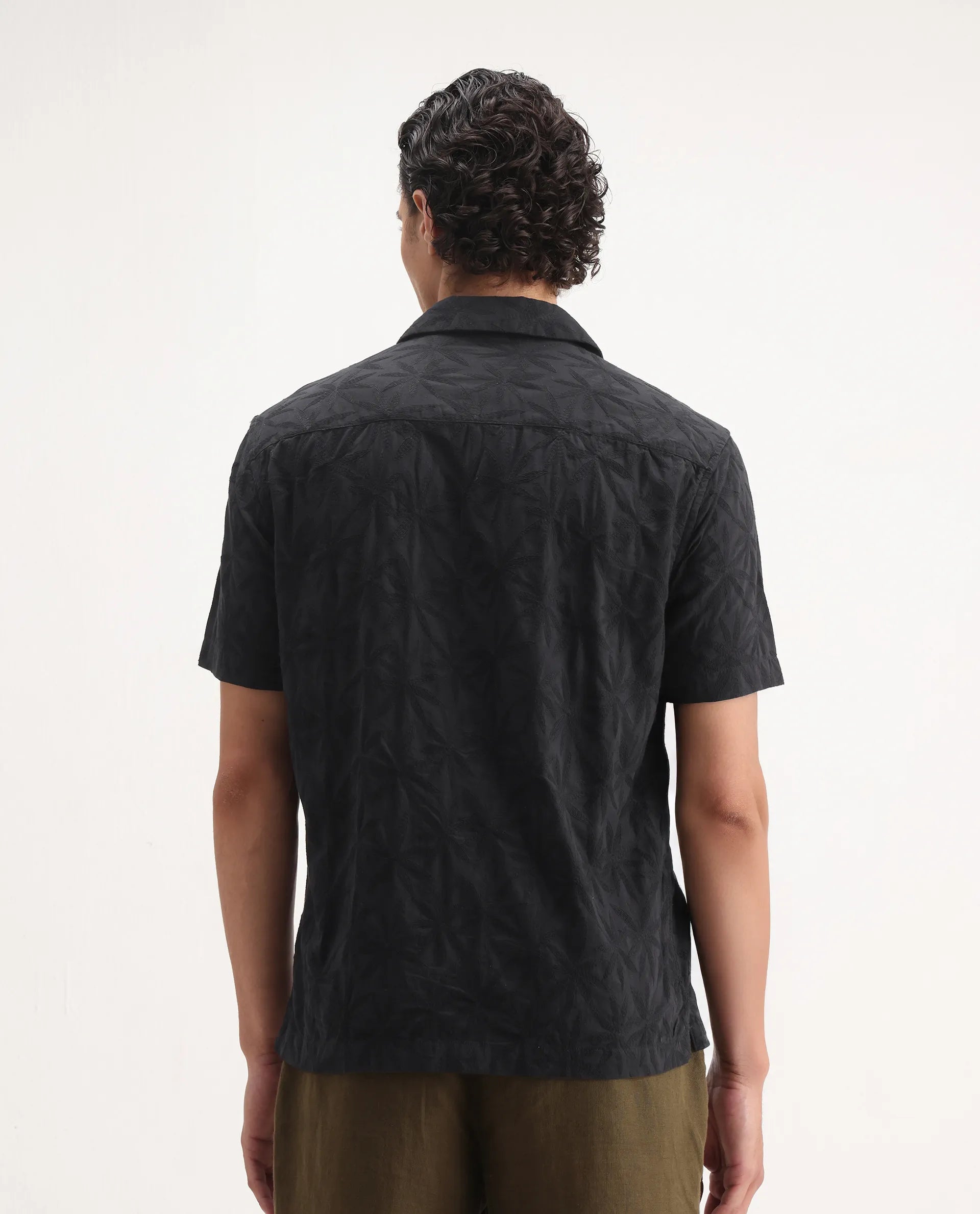 Rare Rabbit Men's Jaff Black Cotton Embroidered Boxy Fit Half Sleeve Cuban Collar Shirt