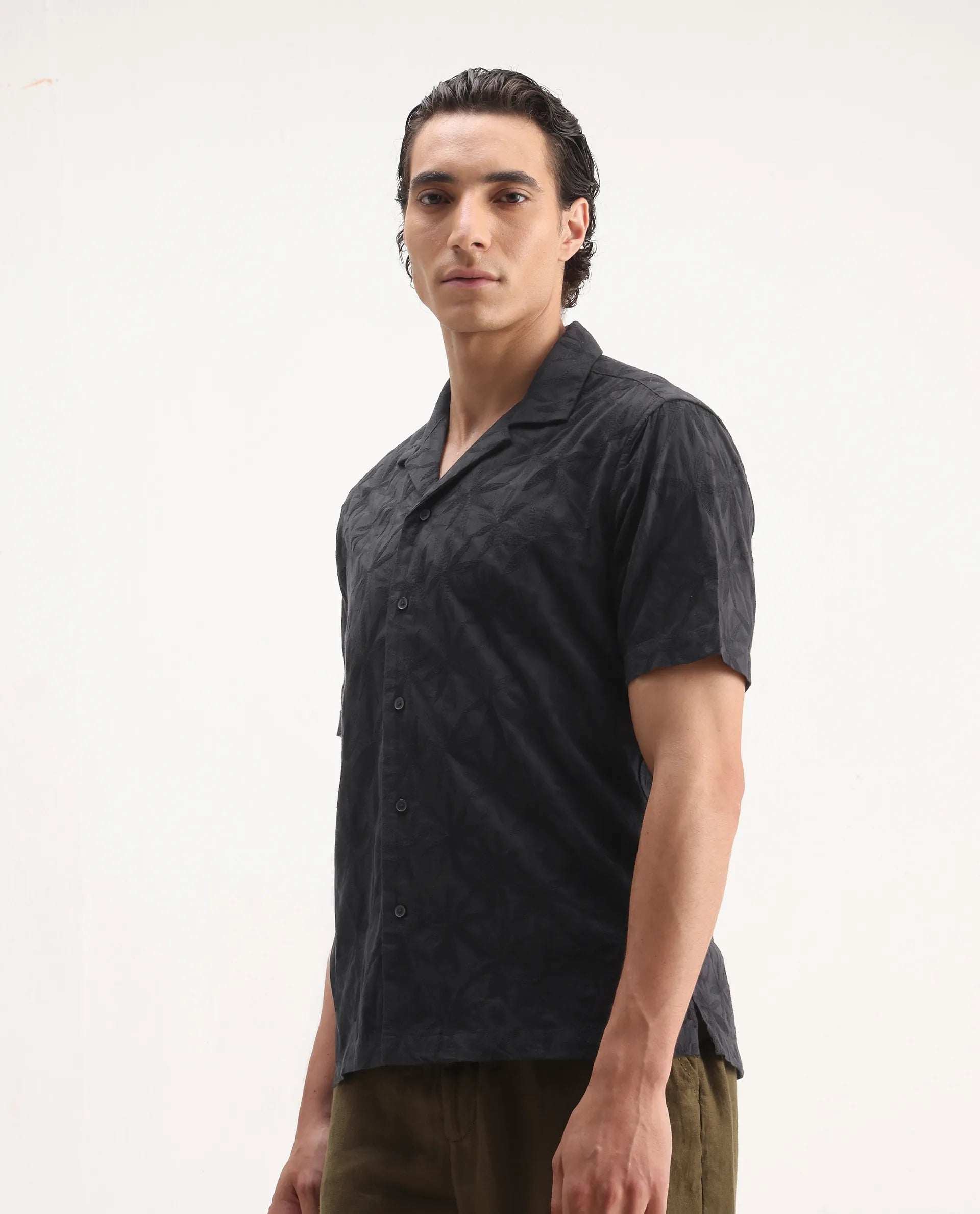Rare Rabbit Men's Jaff Black Cotton Embroidered Boxy Fit Half Sleeve Cuban Collar Shirt
