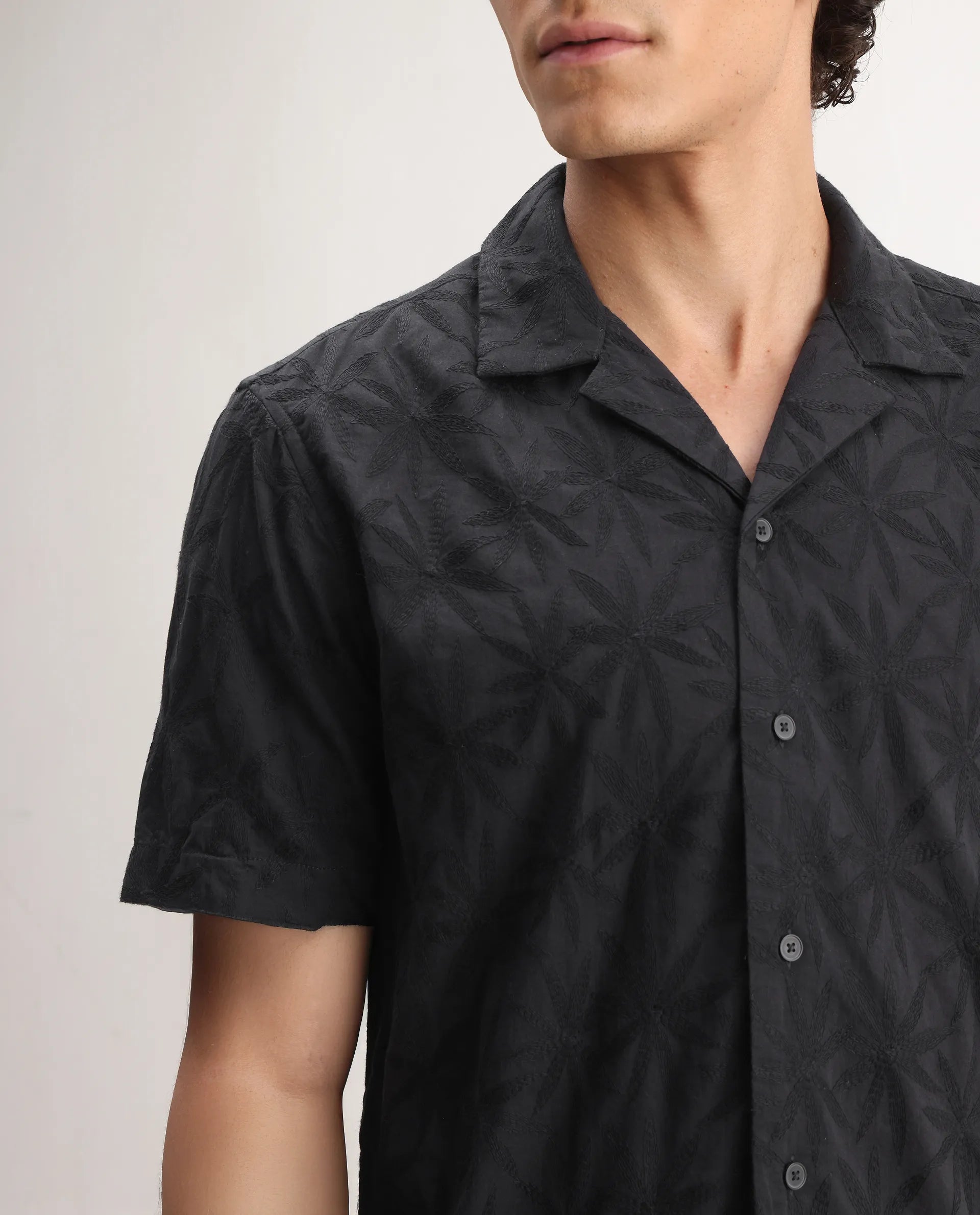 Rare Rabbit Men's Jaff Black Cotton Embroidered Boxy Fit Half Sleeve Cuban Collar Shirt