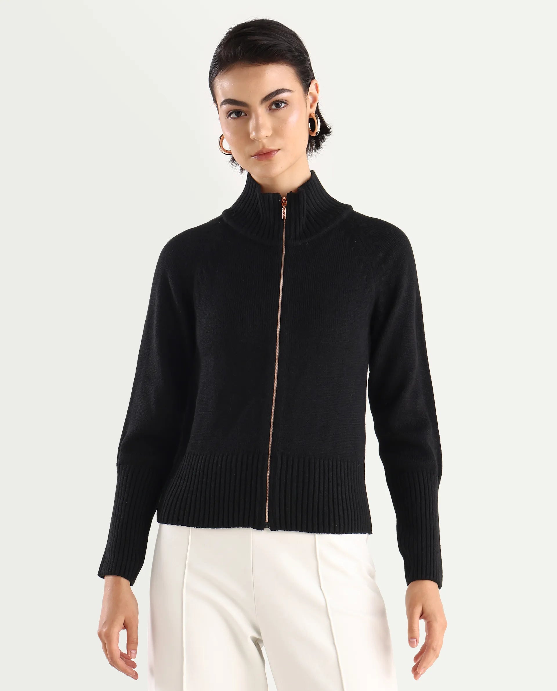 Rareism Women's Jagger Black Acrylic High Neck Plain Raglan Sleeve Relaxed Fit Sweater