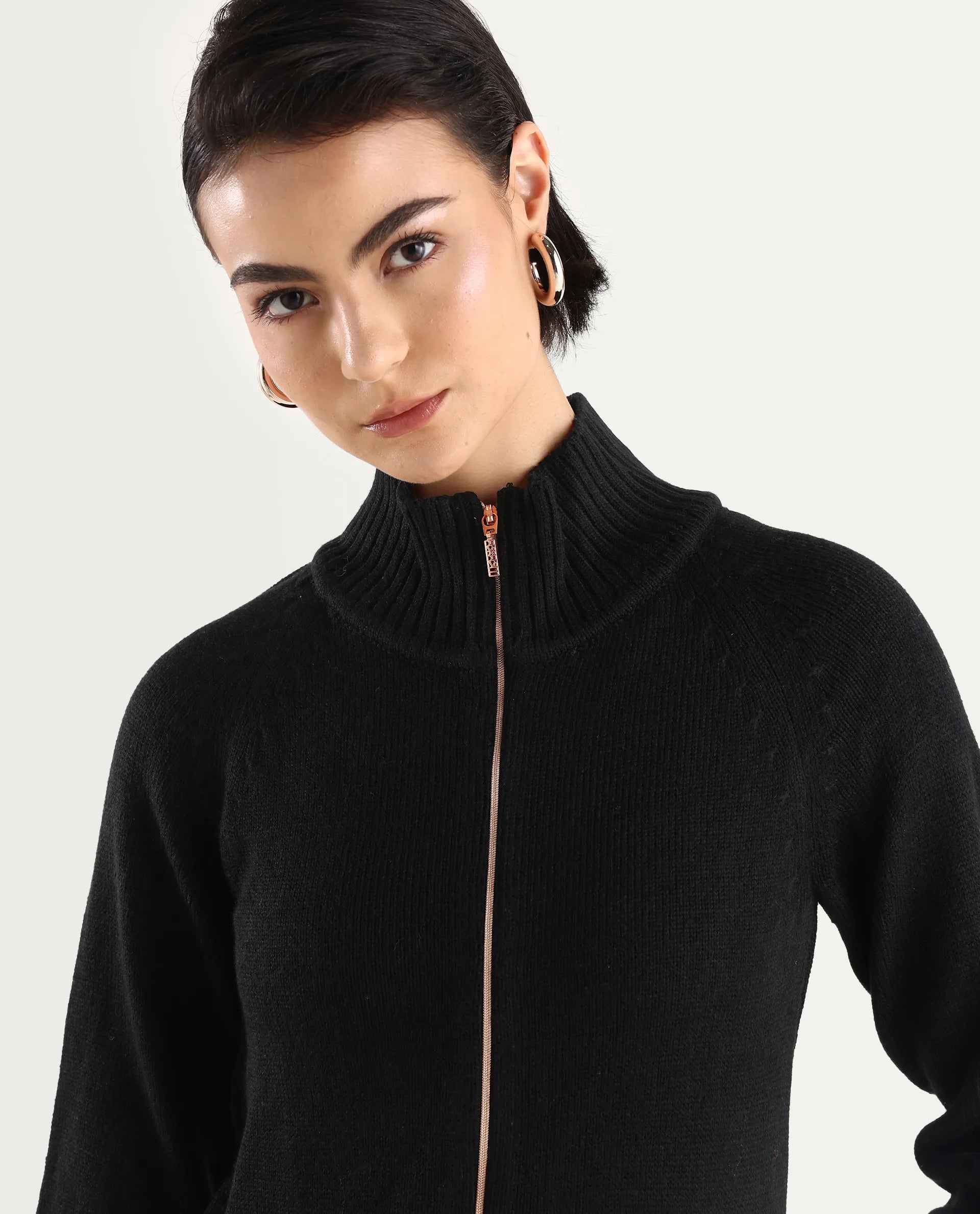 Rareism Women's Jagger Black Acrylic High Neck Plain Raglan Sleeve Relaxed Fit Sweater