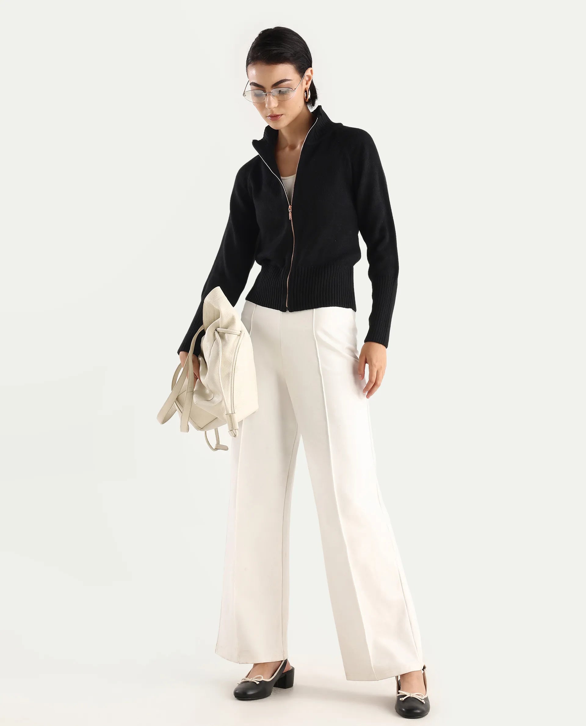 Rareism Women's Jagger Black Acrylic High Neck Plain Raglan Sleeve Relaxed Fit Sweater