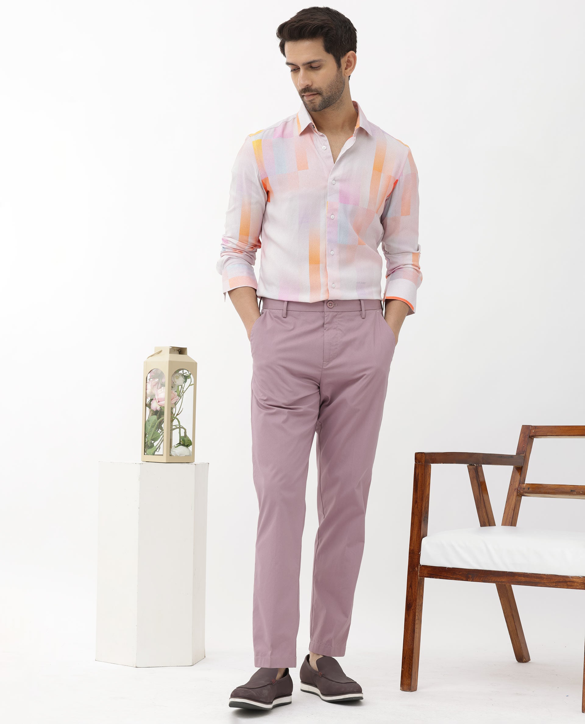 Rare Rabbit Mens Jalic Pastel Purple Viscose Fabric Full Sleeve Abstract Print Shirt