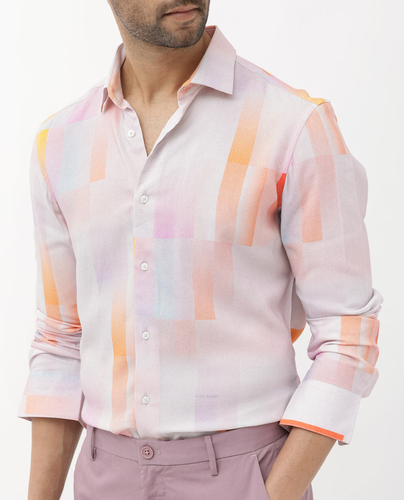Rare Rabbit Mens Jalic Pastel Purple Viscose Fabric Full Sleeve Abstract Print Shirt
