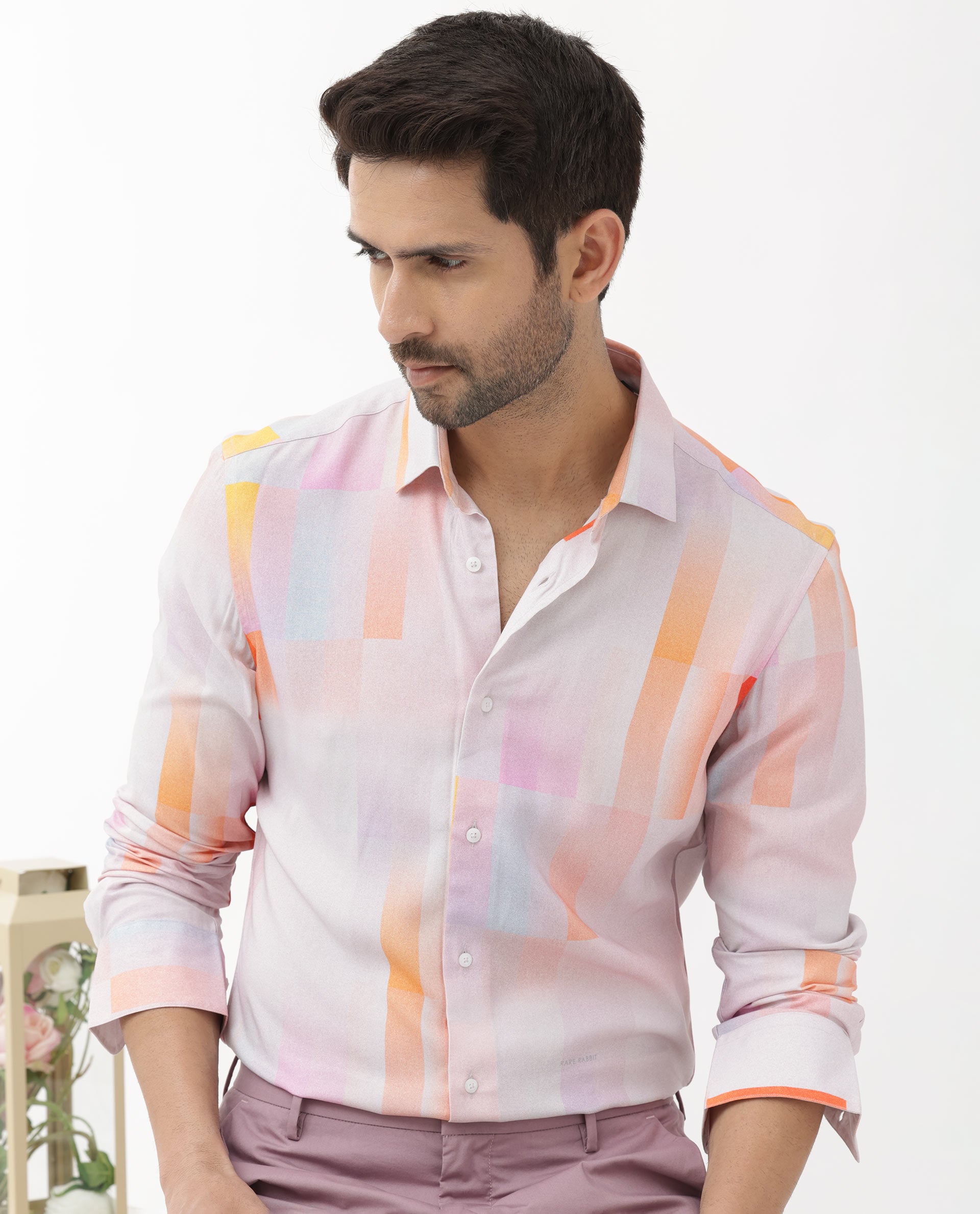 Rare Rabbit Mens Jalic Pastel Purple Viscose Fabric Full Sleeve Abstract Print Shirt