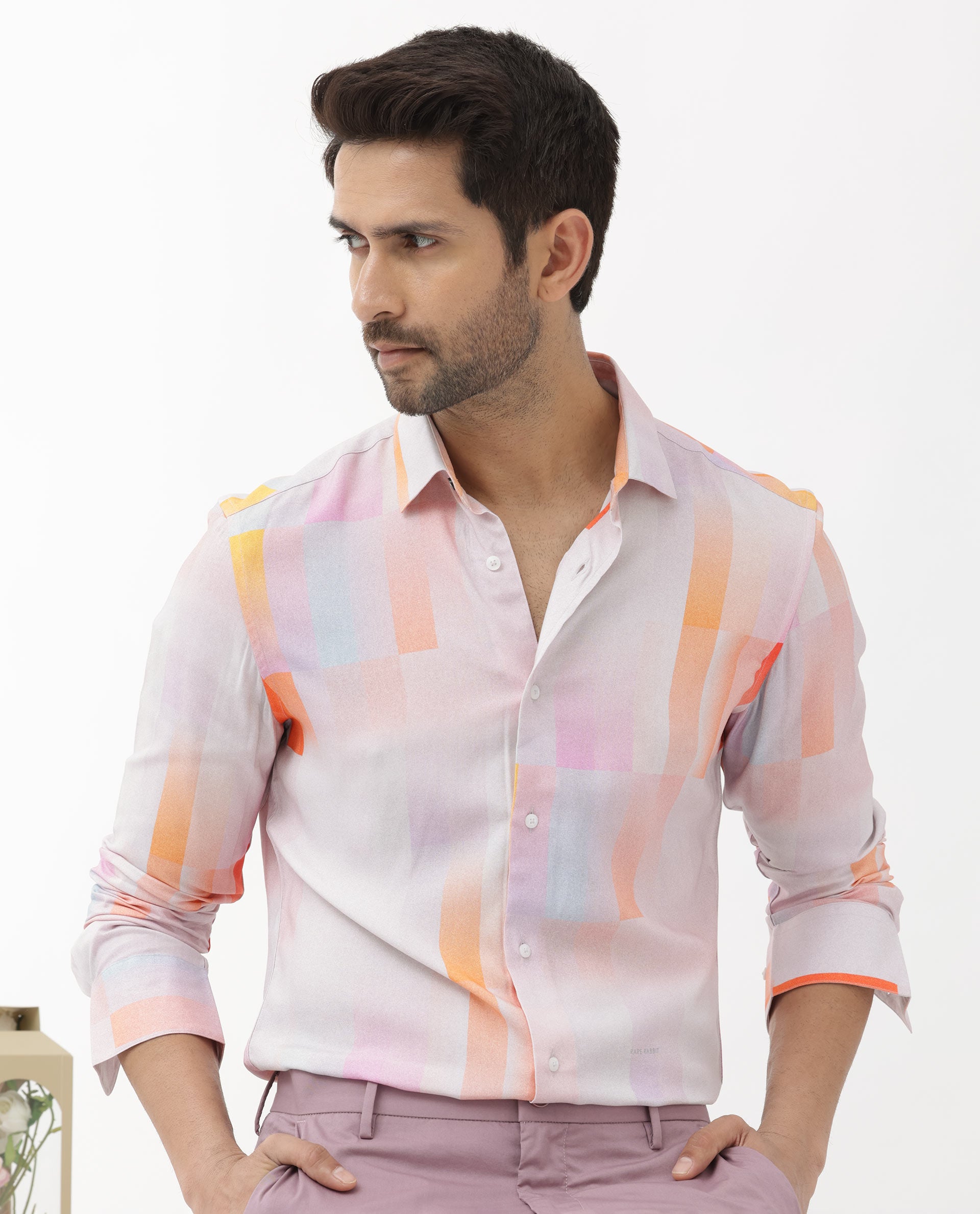 Rare Rabbit Mens Jalic Pastel Purple Viscose Fabric Full Sleeve Abstract Print Shirt