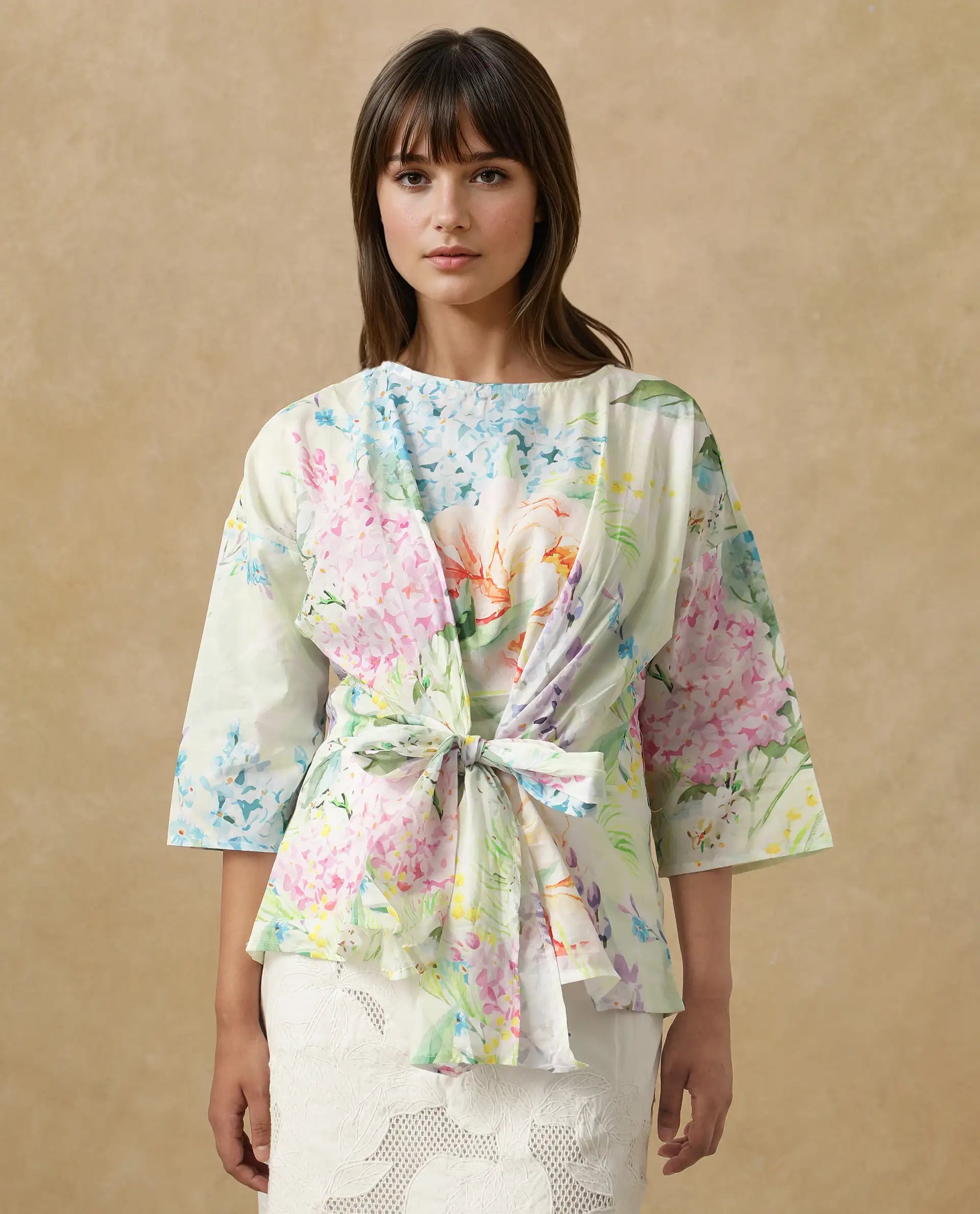 Rareism Women's Jalisco Light Multi Cotton V-Neck Floral Print Extended Sleeves Relaxed Fit Top