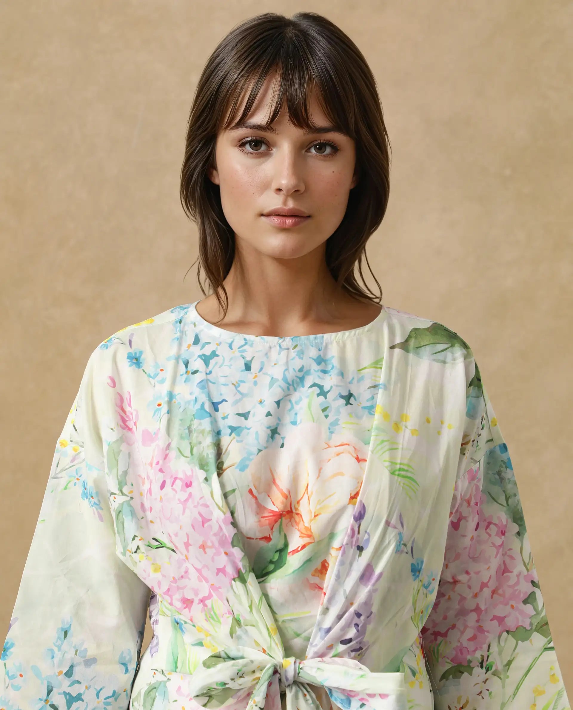 Rareism Women's Jalisco Light Multi Cotton V-Neck Floral Print Extended Sleeves Relaxed Fit Top