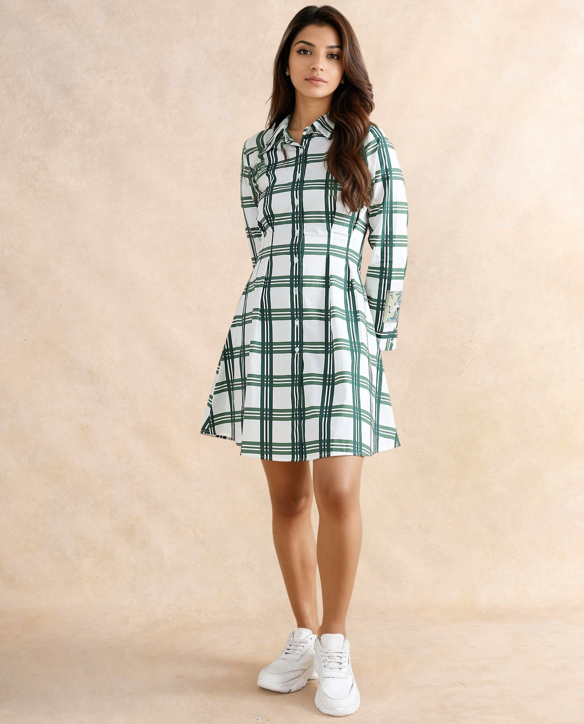 Rareism Women Jalopim Light Ecru Cotton Fabric Cuffed Sleeve Collared Neck Button Closure Fit And Flare Mini Printed Dress