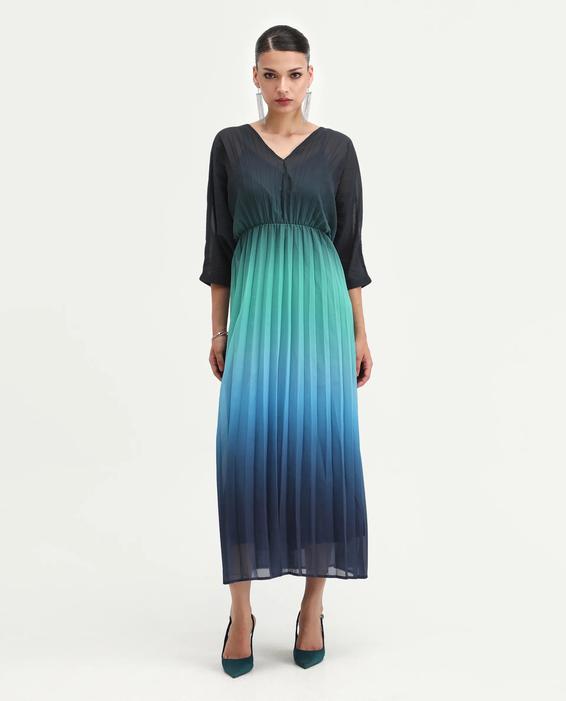 Rareism Women's Janambi Dark Blue Polyester V-Neck Ombre Kimono Sleeve Maxi Flared Dress