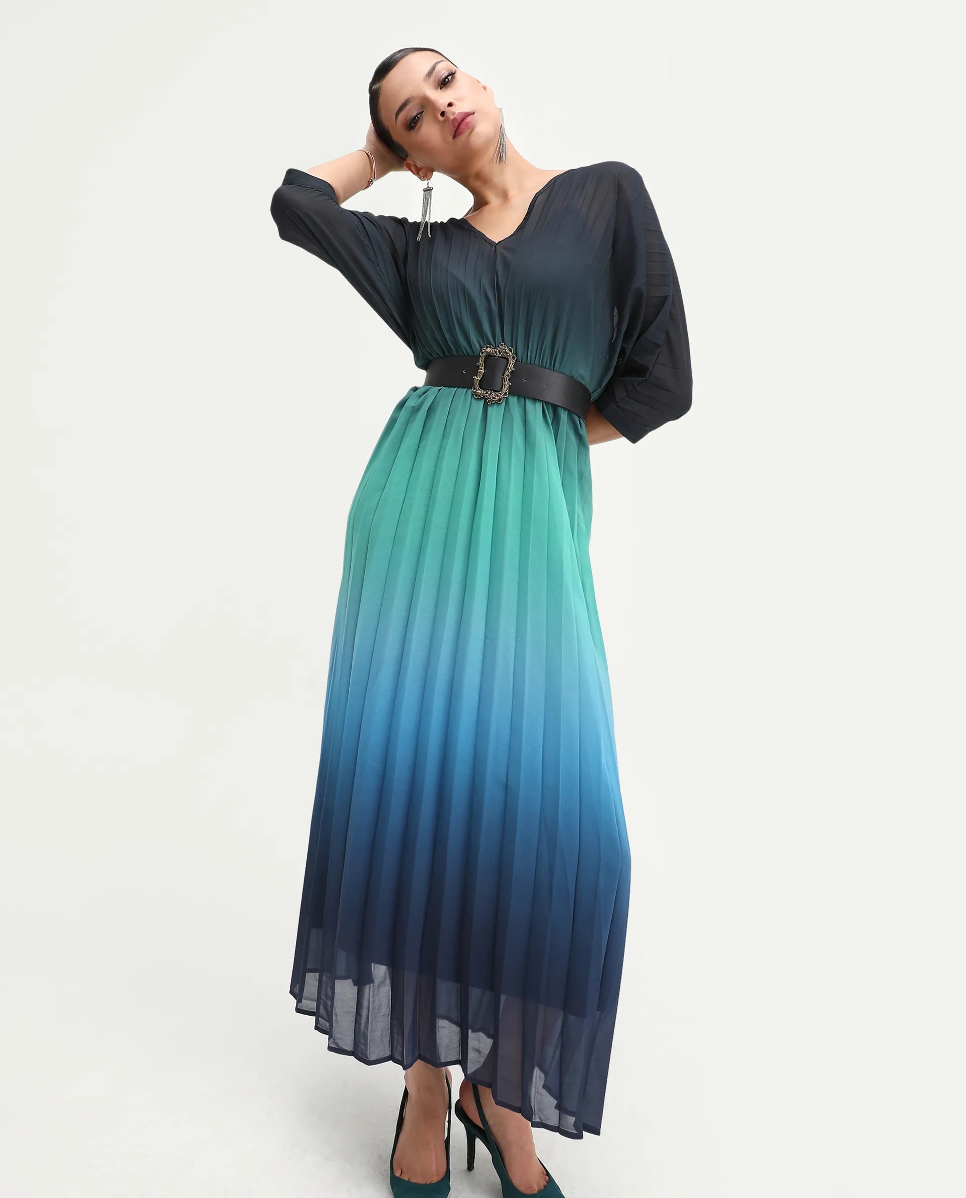 Rareism Women's Janambi Dark Blue Polyester V-Neck Ombre Kimono Sleeve Maxi Flared Dress