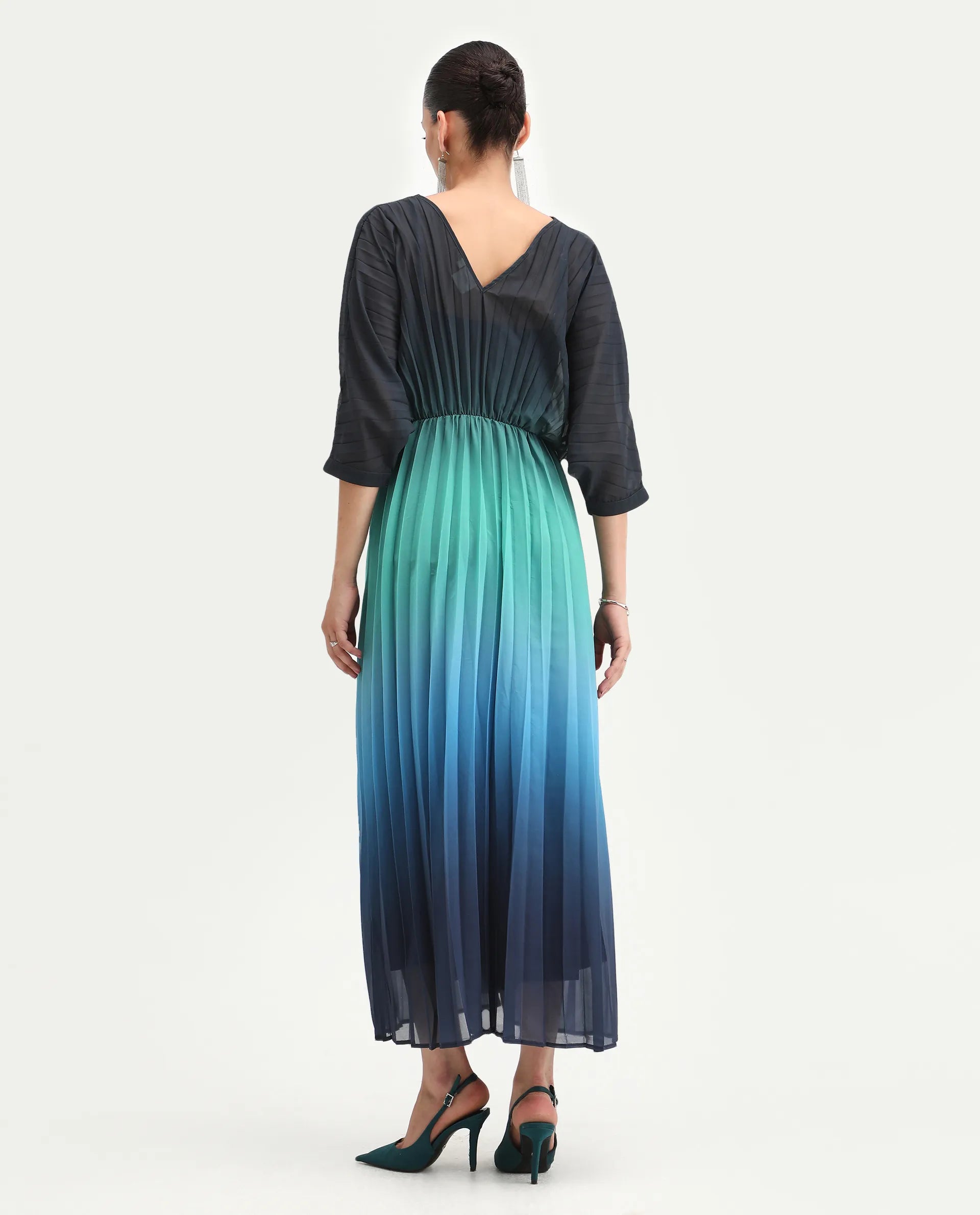 Rareism Women's Janambi Dark Blue Polyester V-Neck Ombre Kimono Sleeve Maxi Flared Dress