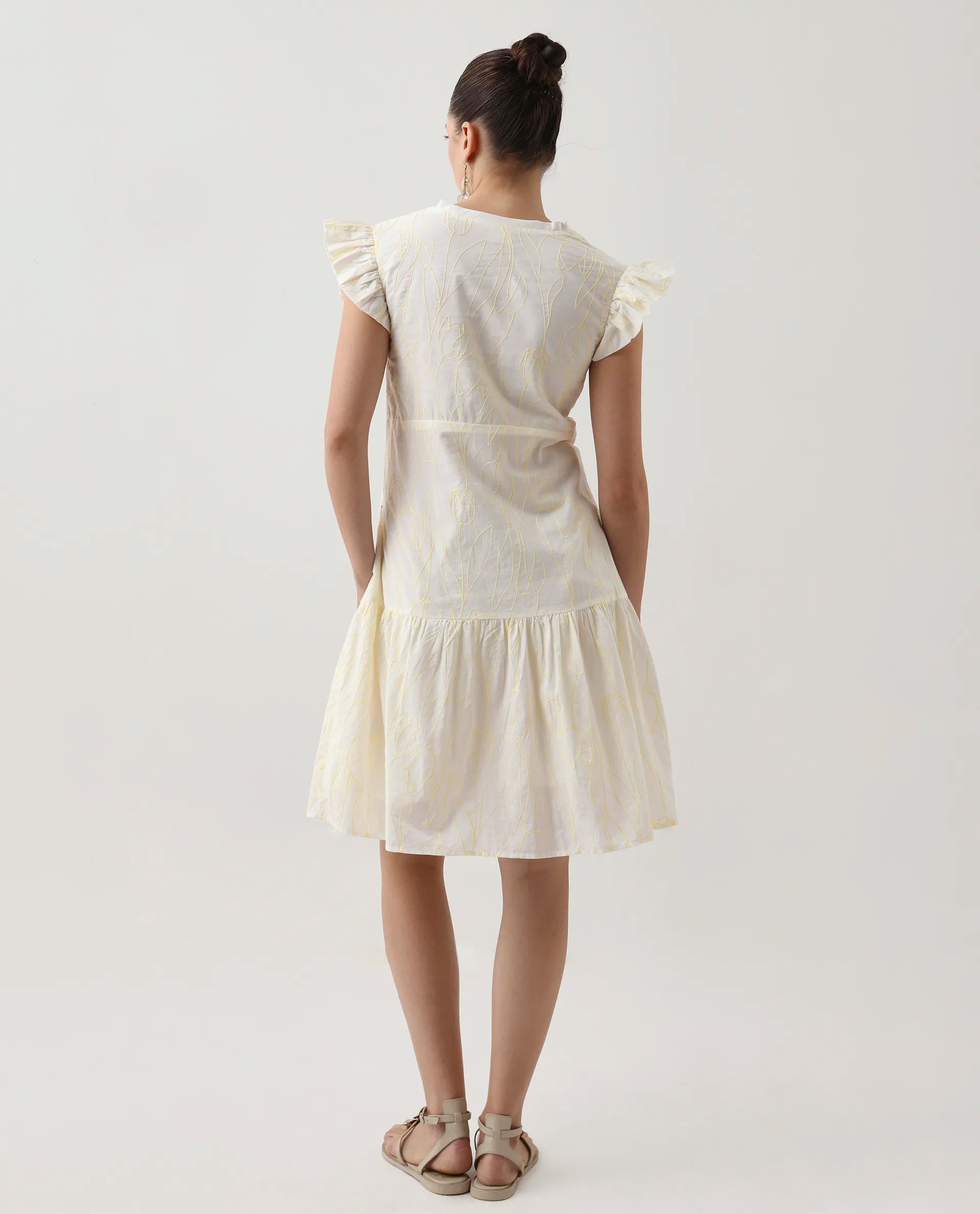 Rareism Women's Janarivi Off White Cotton V-Neck Embroidered Ruffled Sleeve Knee Length Fit And Flare Dress