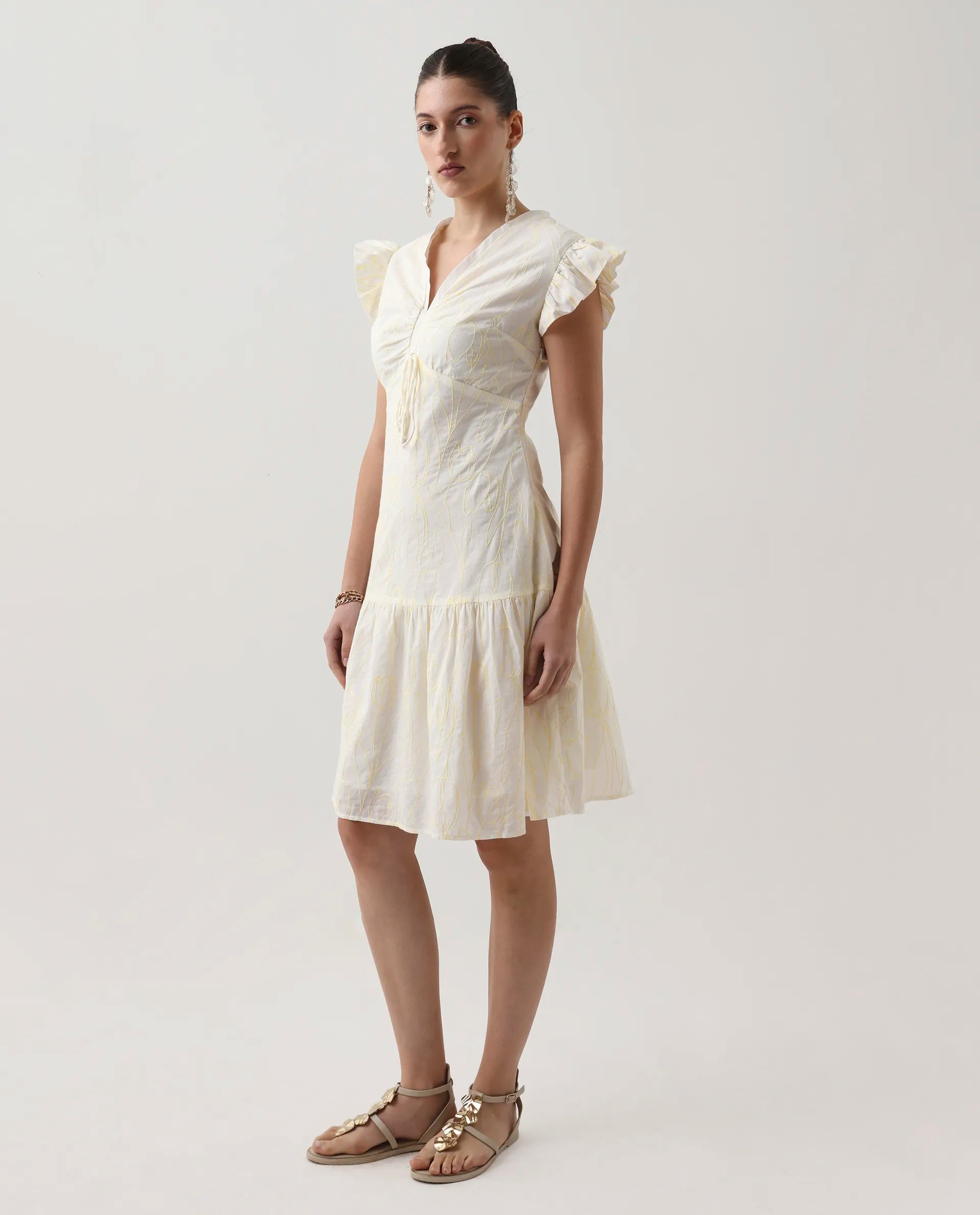 Rareism Women's Janarivi Off White Cotton V-Neck Embroidered Ruffled Sleeve Knee Length Fit And Flare Dress