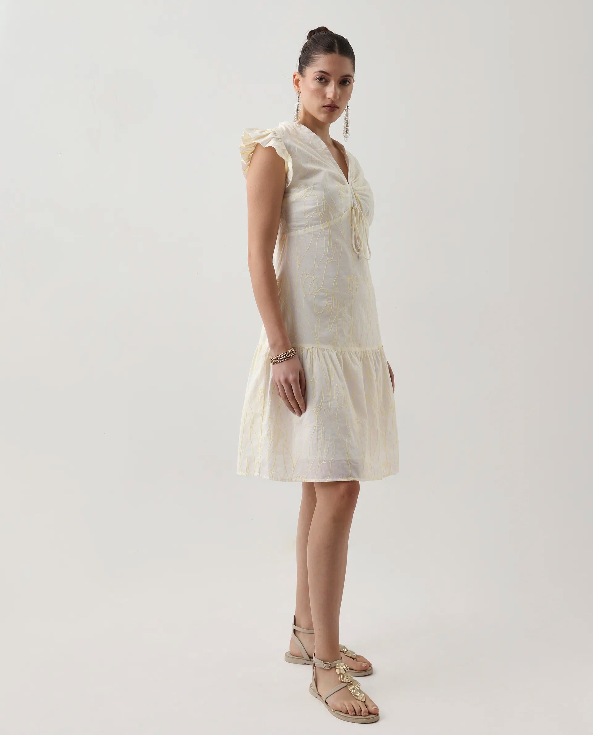 Rareism Women's Janarivi Off White Cotton V-Neck Embroidered Ruffled Sleeve Knee Length Fit And Flare Dress