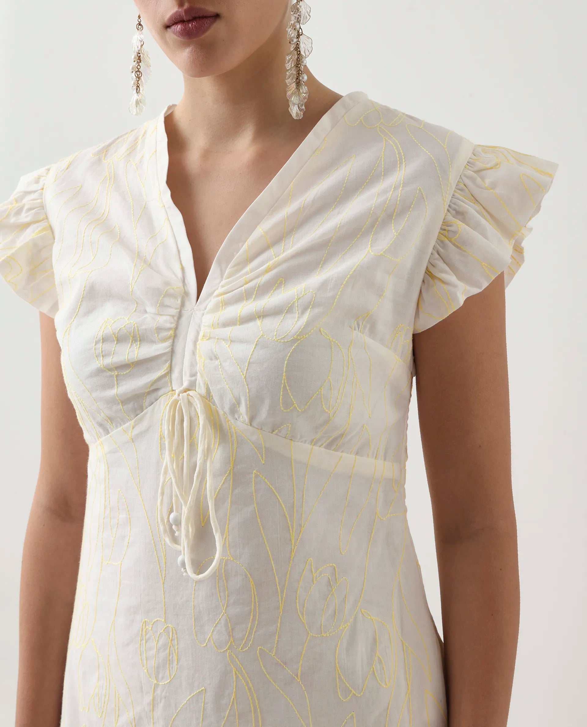 Rareism Women's Janarivi Off White Cotton V-Neck Embroidered Ruffled Sleeve Knee Length Fit And Flare Dress