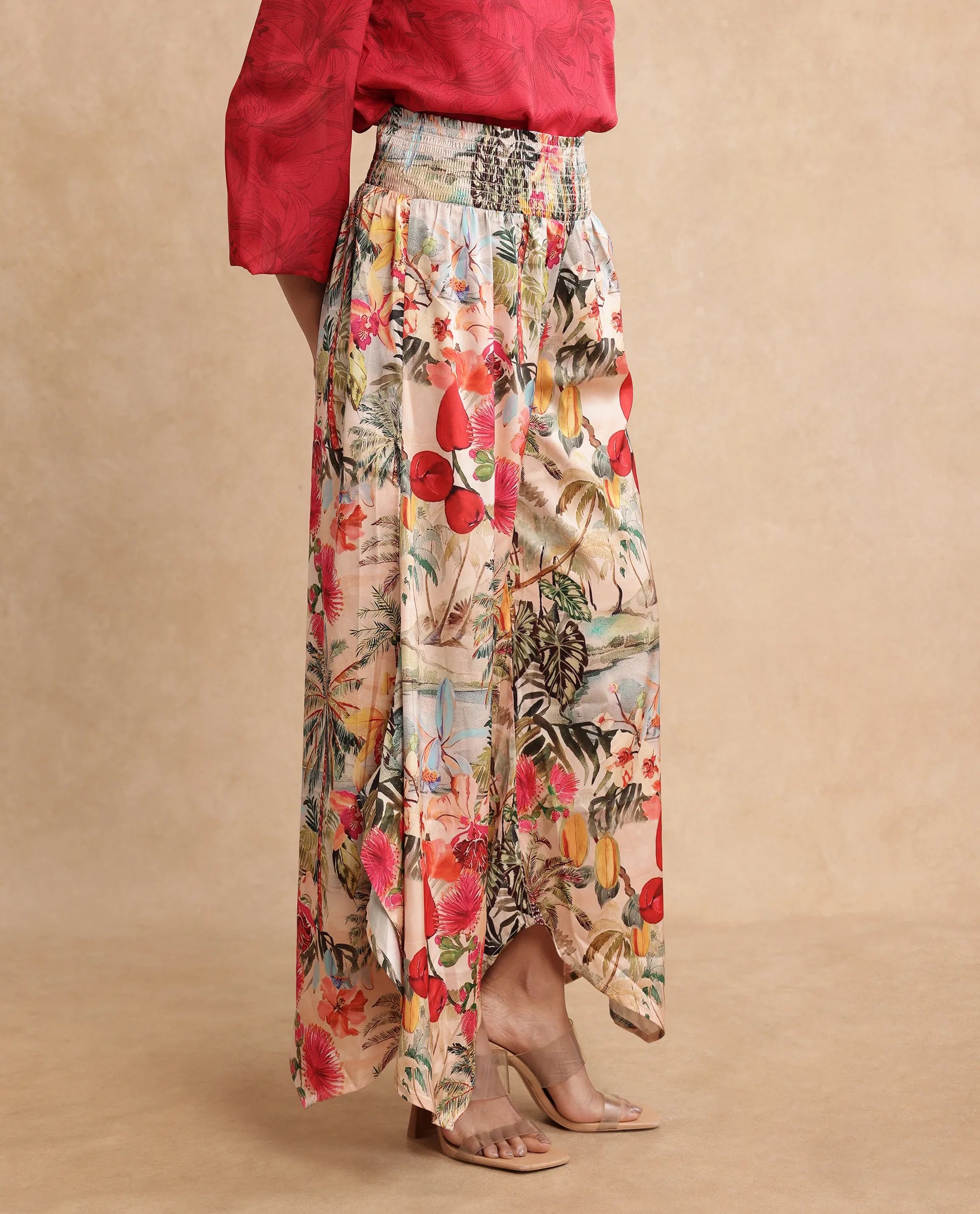 Rareism Women's Janary Multi Cotton Blend Tropical Print Ankle Length Flared Trouser