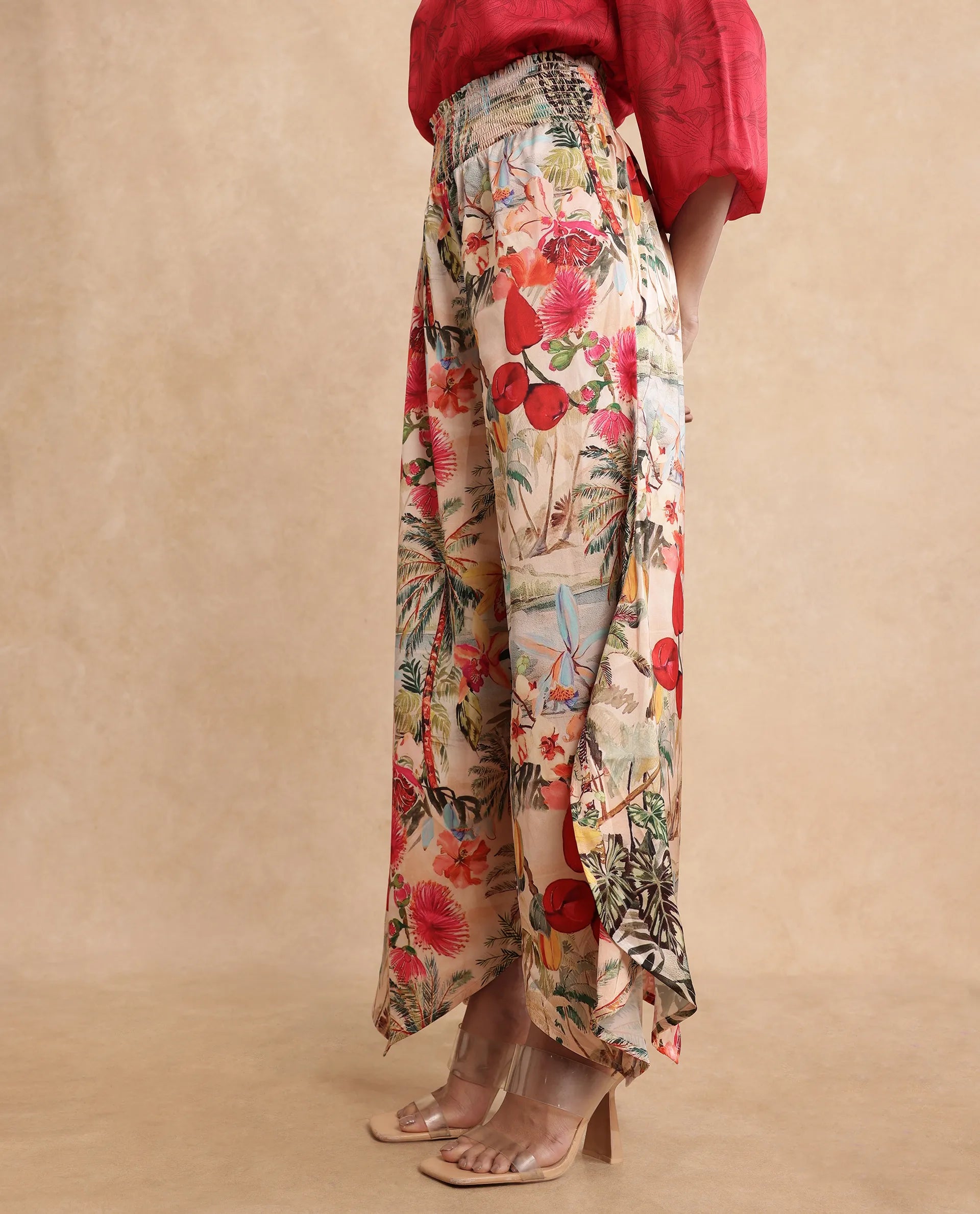 Rareism Women's Janary Multi Cotton Blend Tropical Print Ankle Length Flared Trouser