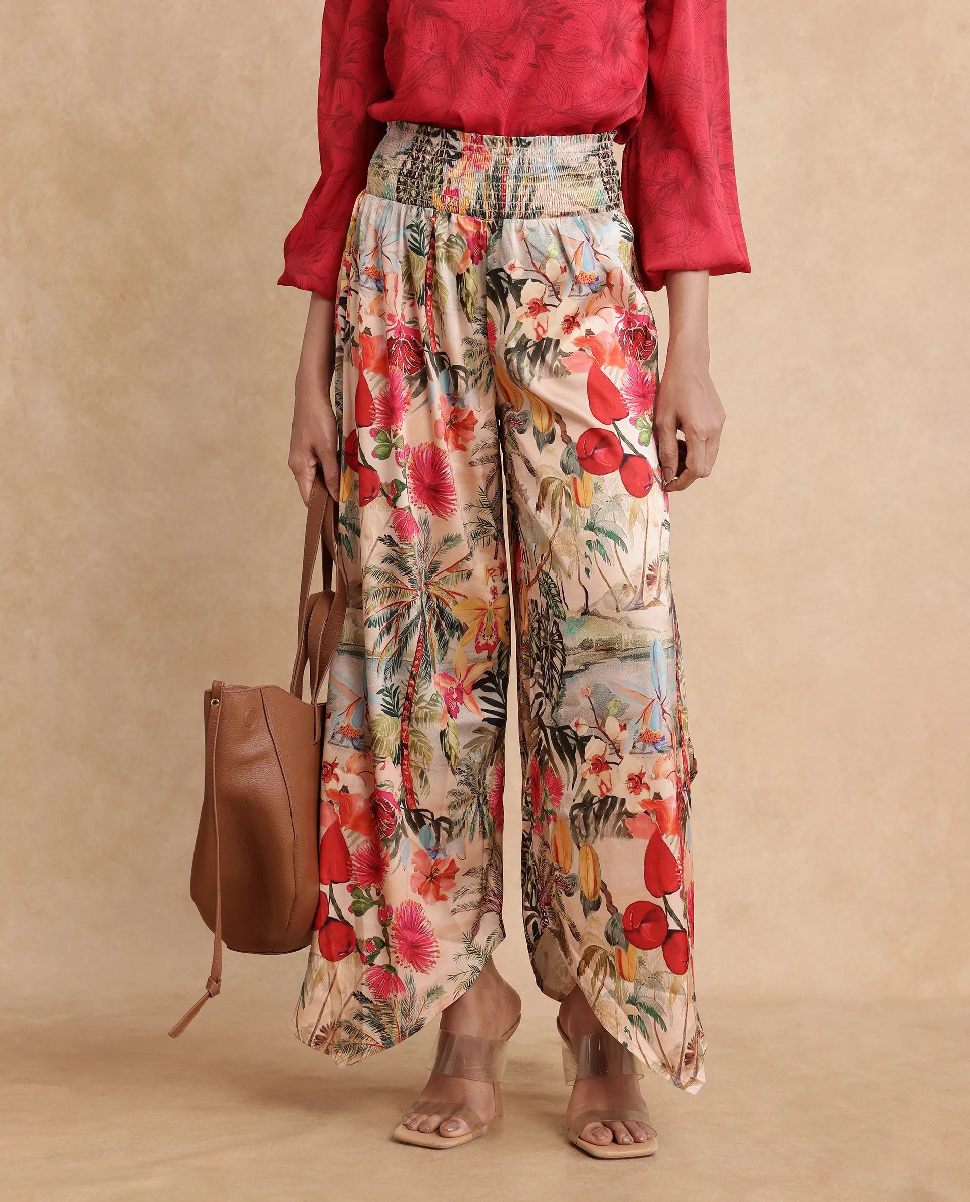 Rareism Women's Janary Multi Cotton Blend Tropical Print Ankle Length Flared Trouser