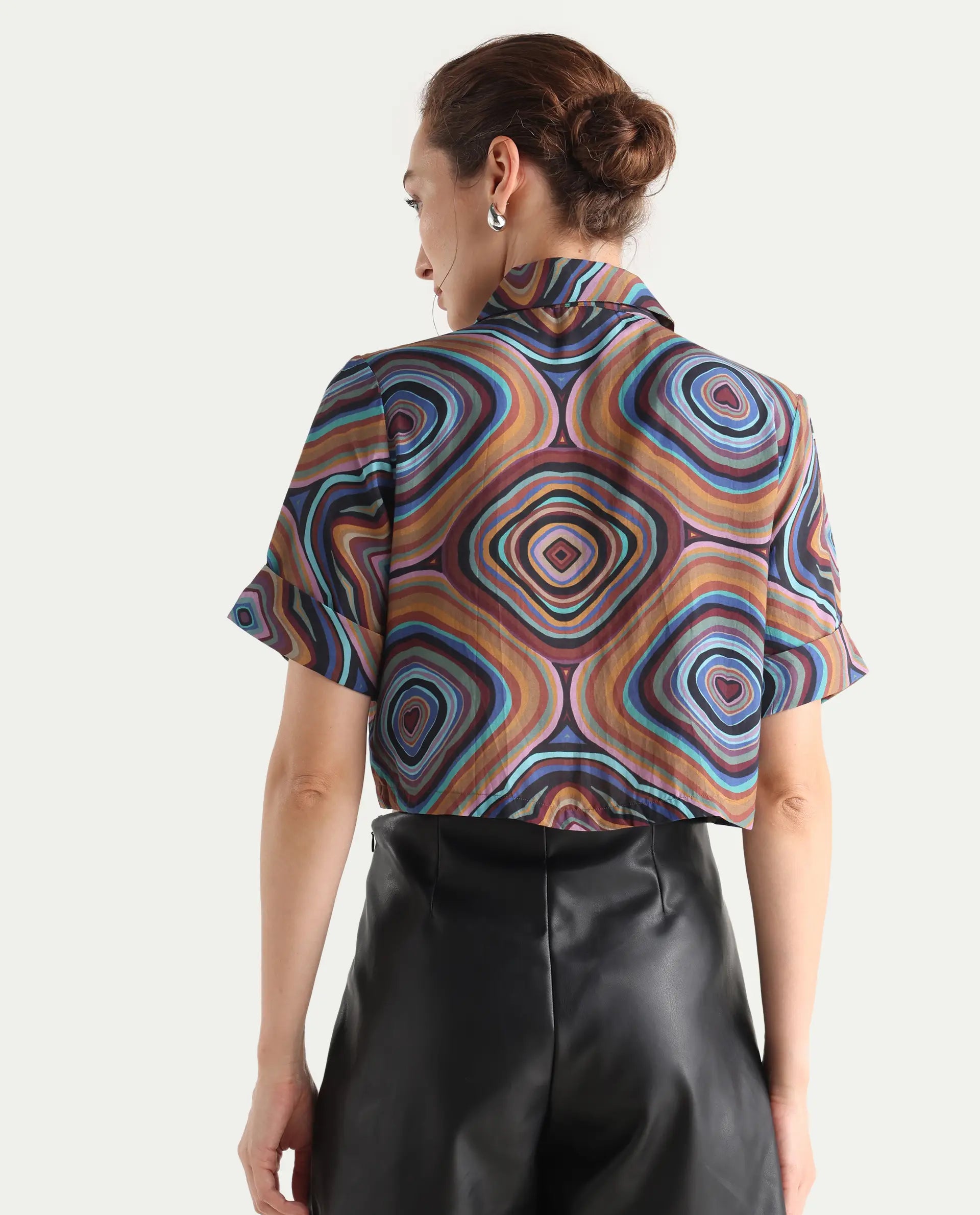 Rareism Women's Janber Dark Multi Viscose Blend Spread Collar Abstract Print Crop Regular Fit Shirt