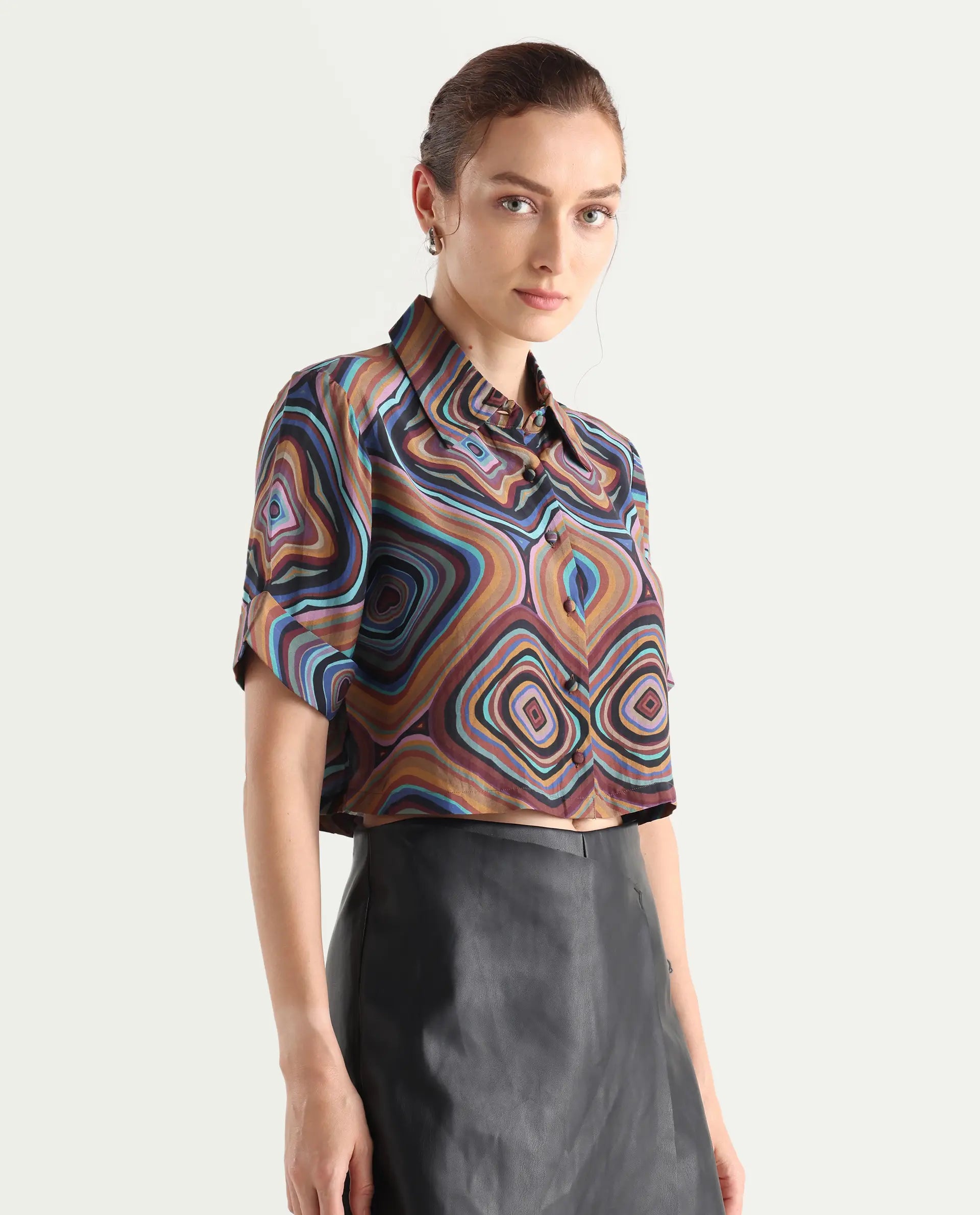 Rareism Women's Janber Dark Multi Viscose Blend Spread Collar Abstract Print Crop Regular Fit Shirt