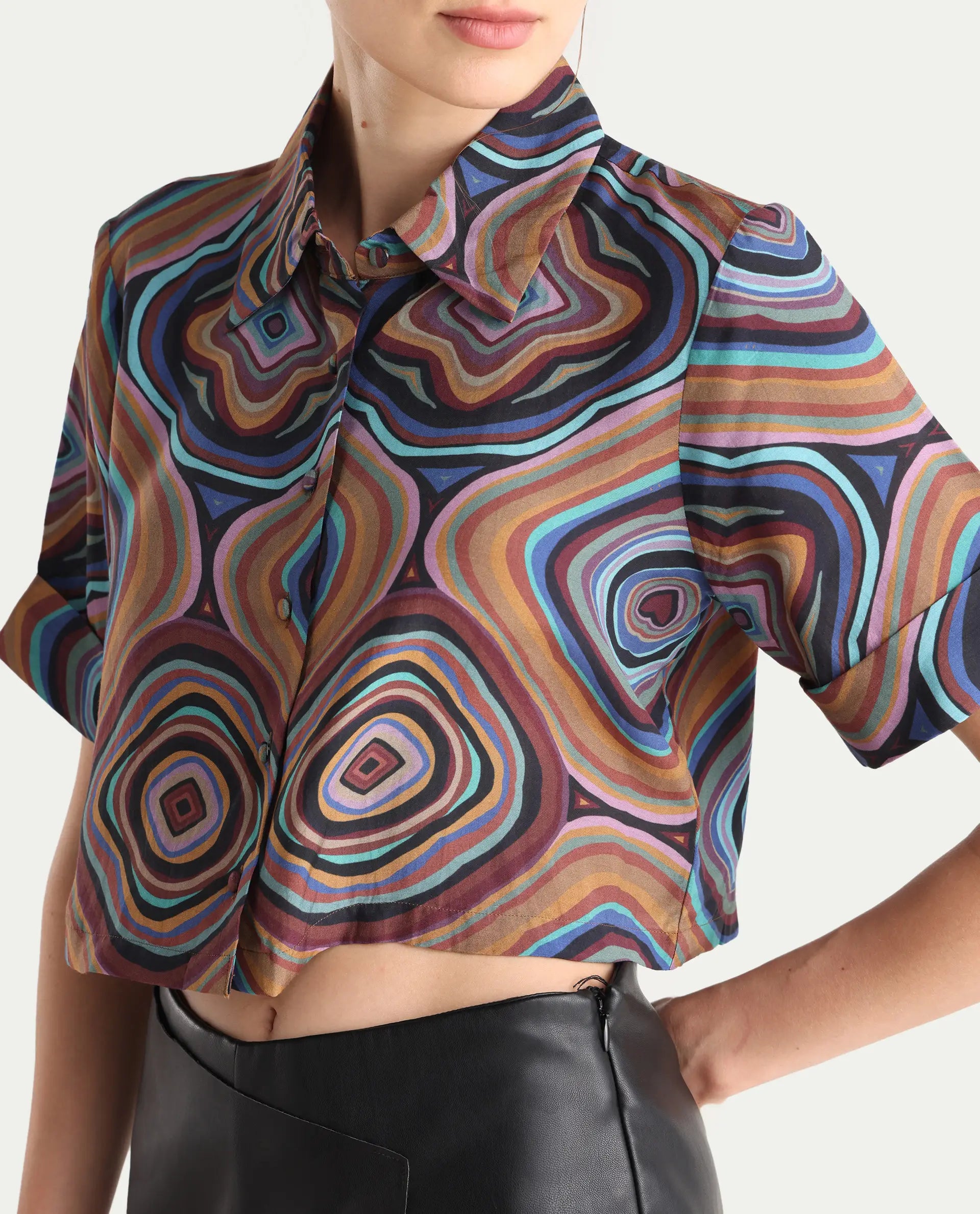 Rareism Women's Janber Dark Multi Viscose Blend Spread Collar Abstract Print Crop Regular Fit Shirt