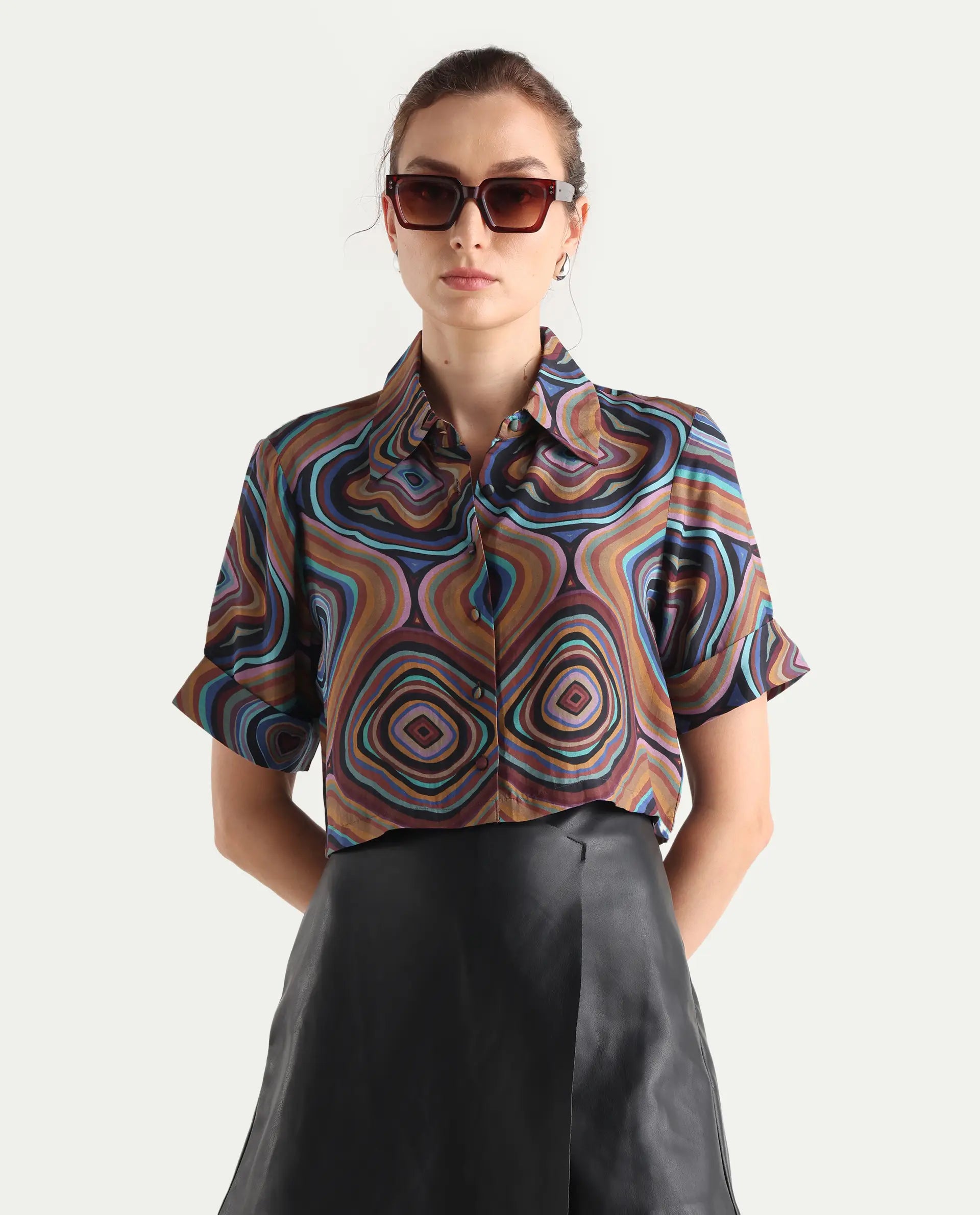 Rareism Women's Janber Dark Multi Viscose Blend Spread Collar Abstract Print Crop Regular Fit Shirt