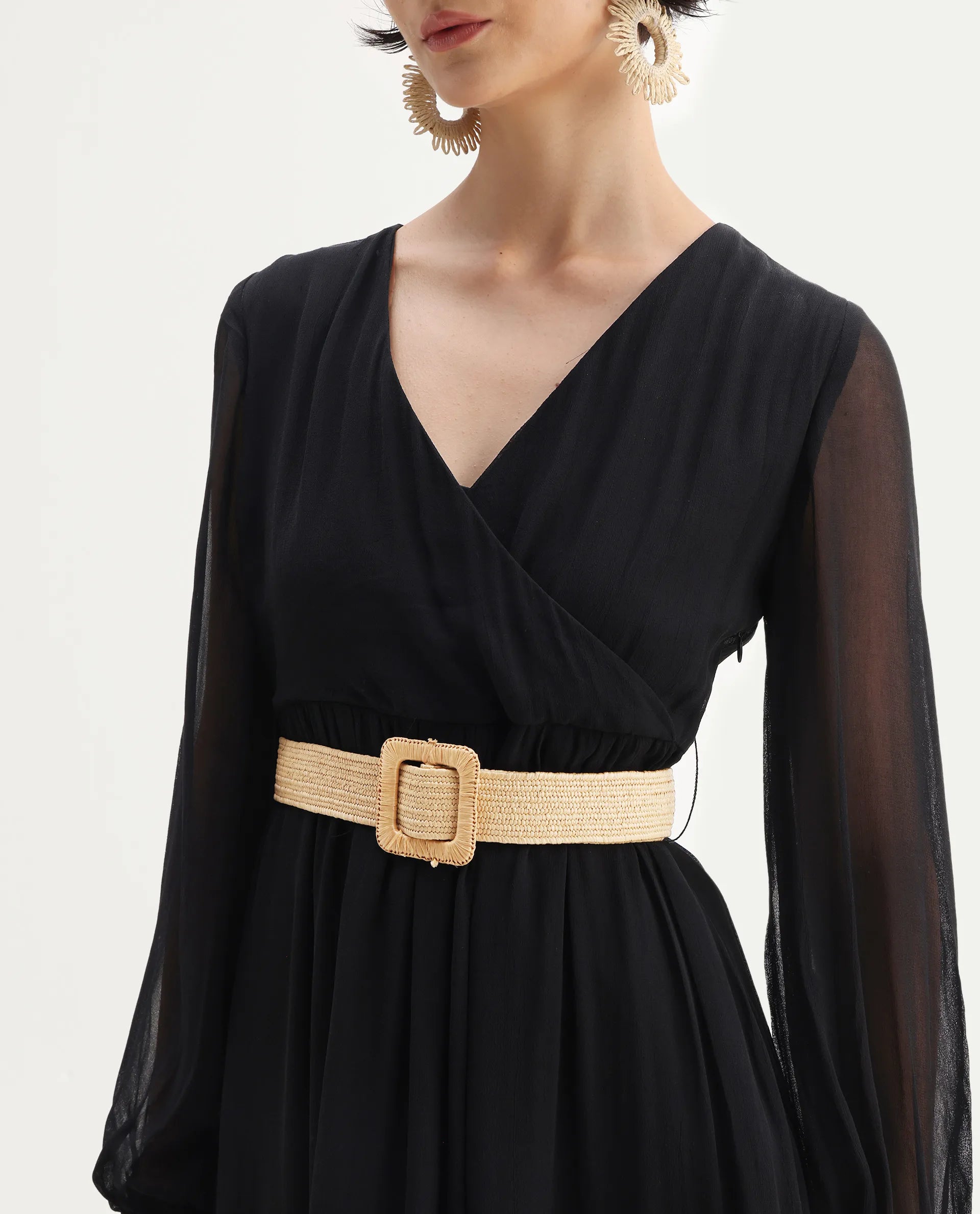 Rareism Women's Janclin Black Viscose V-Neck Plain Bishop Sleeve Maxi Fit And Flare Dress