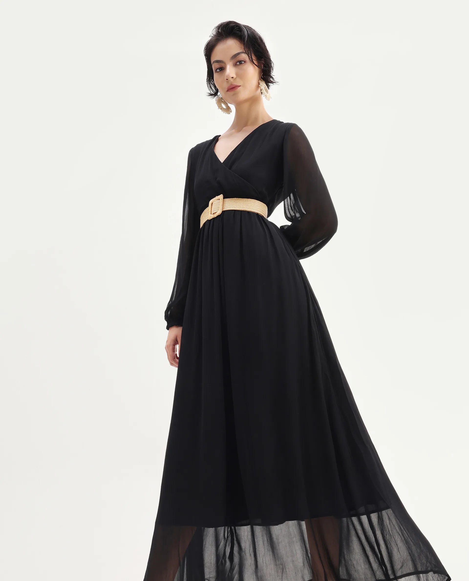 Rareism Women's Janclin Black Viscose V-Neck Plain Bishop Sleeve Maxi Fit And Flare Dress