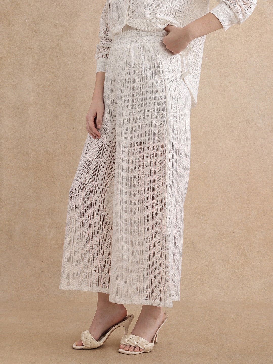 Rareism Women Jancodam-B Beige Cotton Fabric V-Neck Wide Fit Ankle Length Plain Trouser