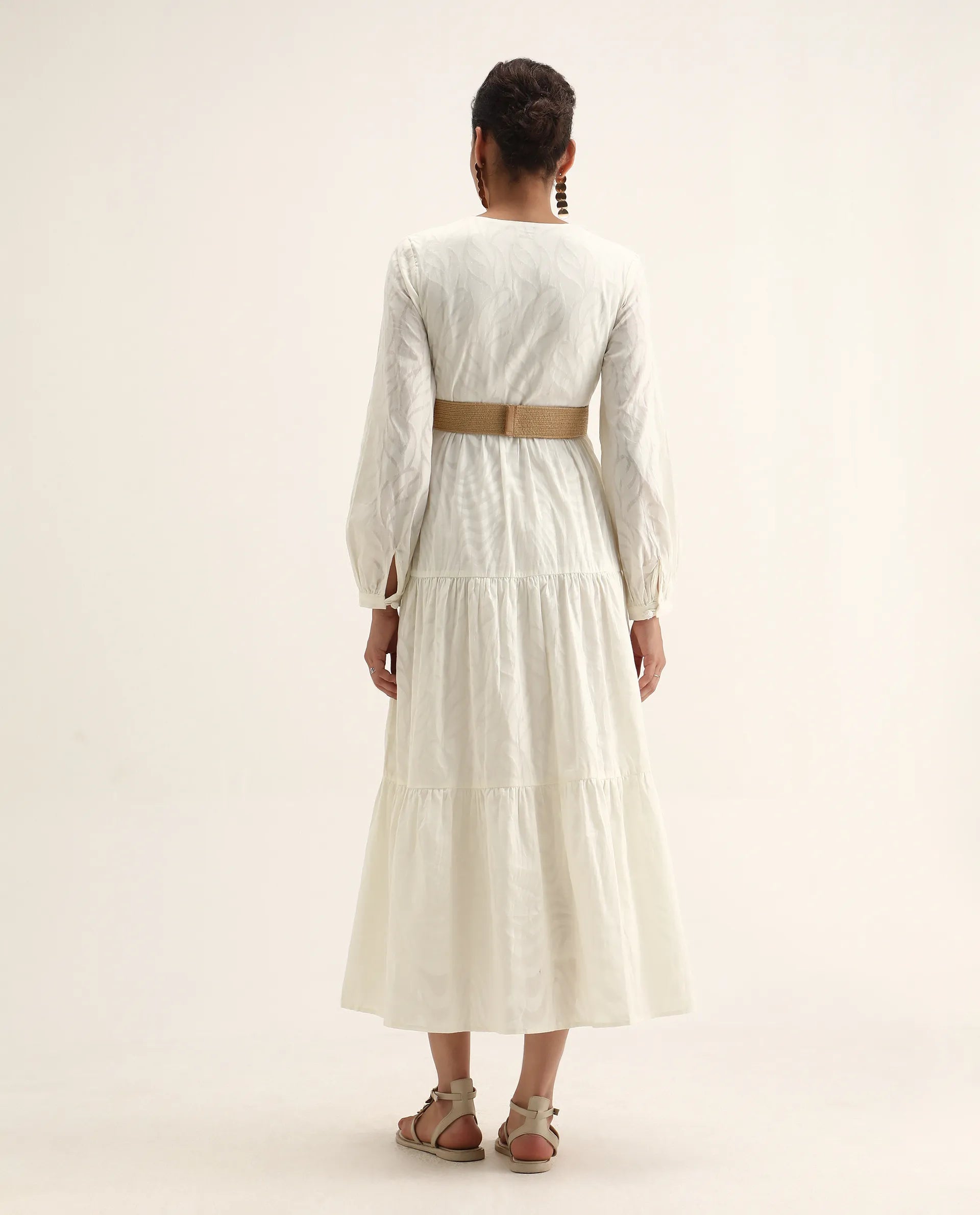 Rareism Women's Janco Off White Cotton V-Neck Plain Bishop Sleeve Maxi Fit And Flare Dress