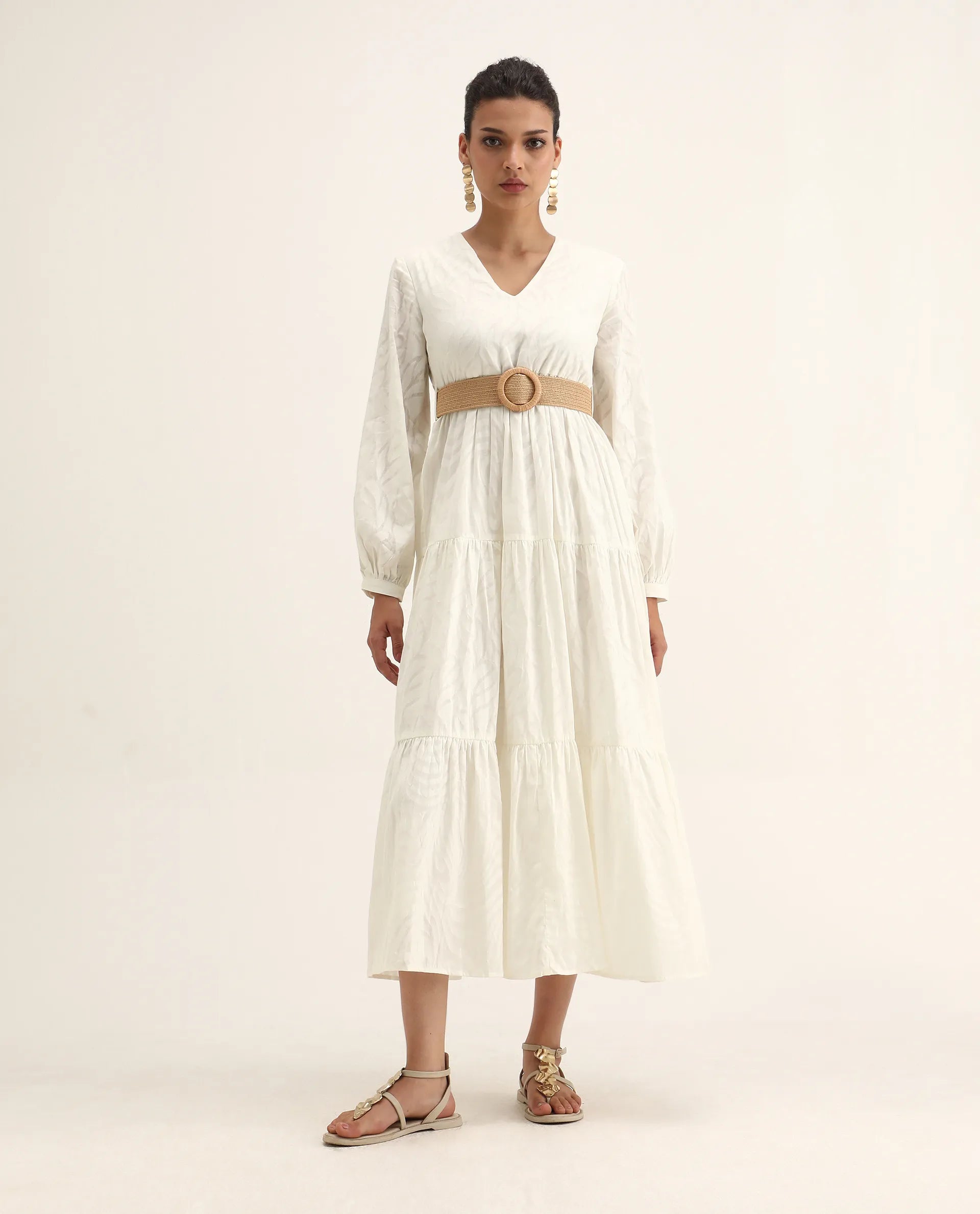 Rareism Women's Janco Off White Cotton V-Neck Plain Bishop Sleeve Maxi Fit And Flare Dress