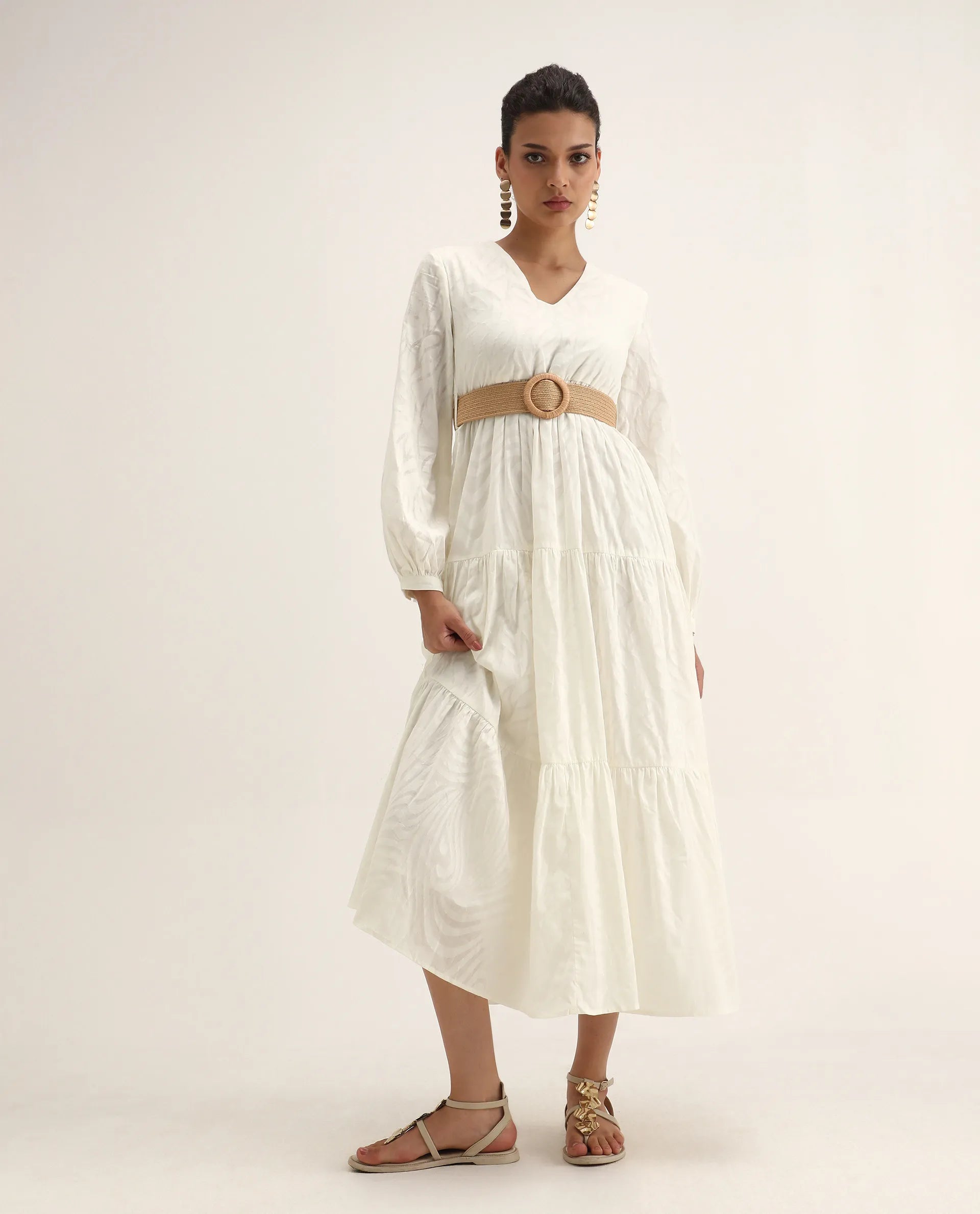 Rareism Women's Janco Off White Cotton V-Neck Plain Bishop Sleeve Maxi Fit And Flare Dress