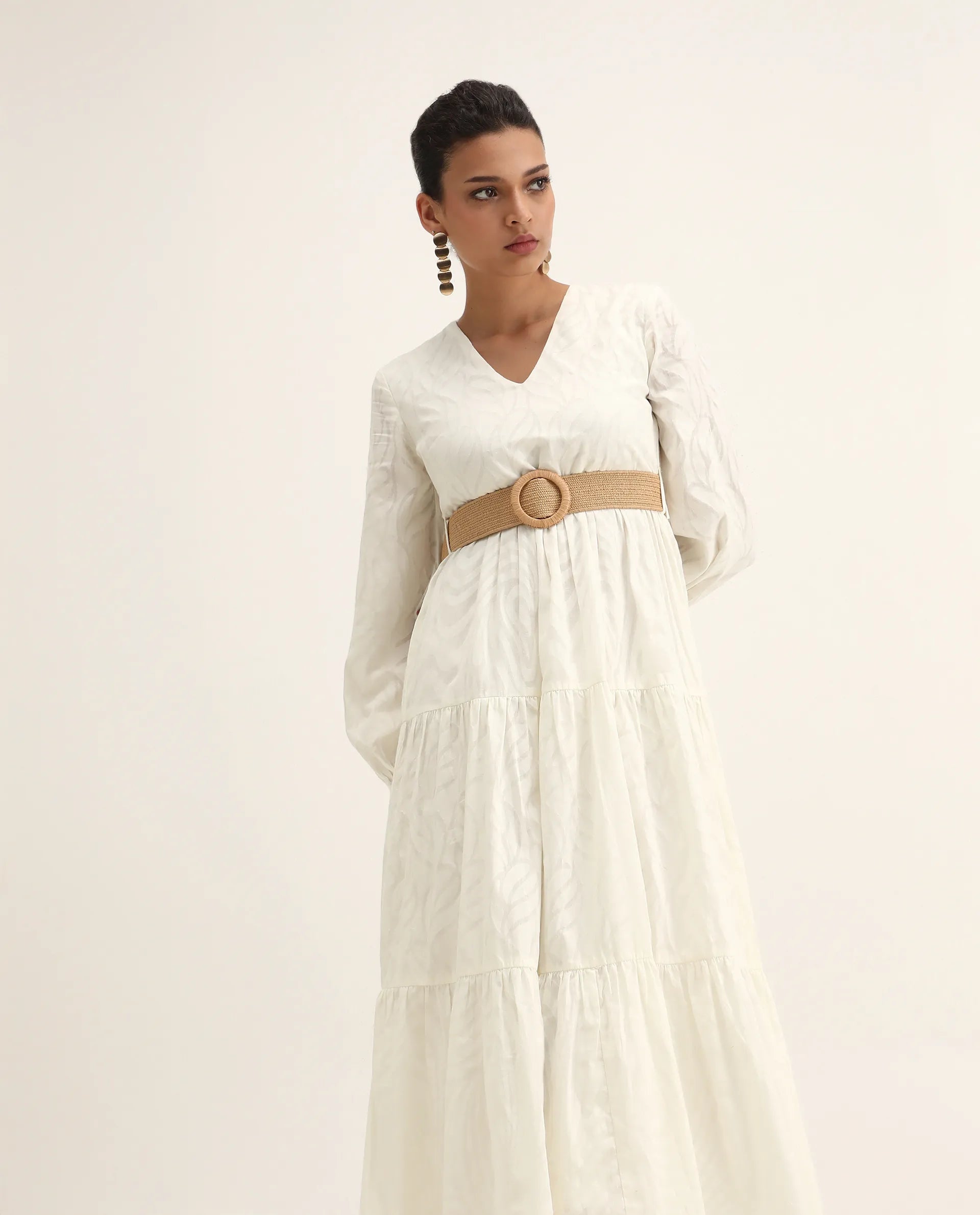 Rareism Women's Janco Off White Cotton V-Neck Plain Bishop Sleeve Maxi Fit And Flare Dress