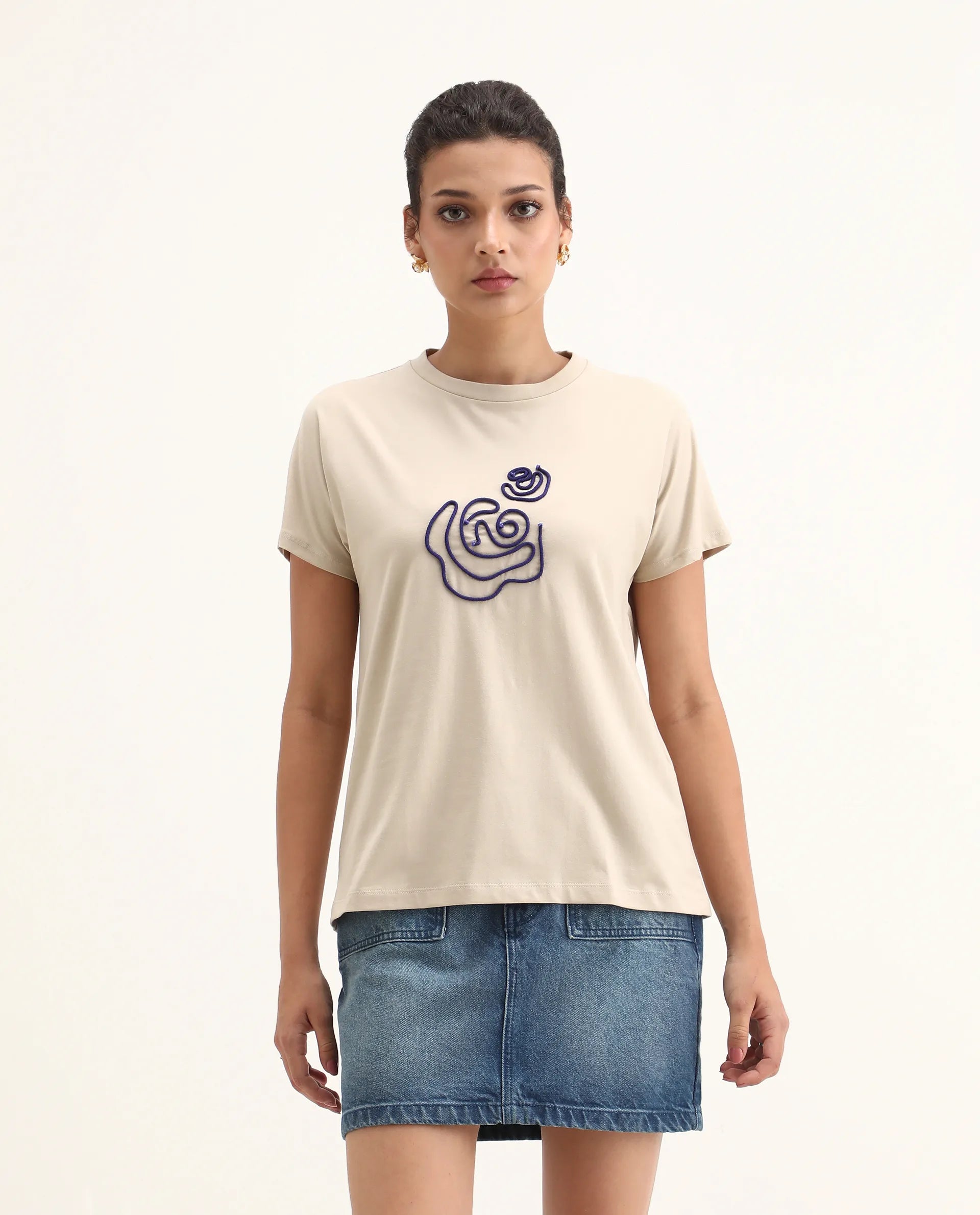 Rareism Women's Jancor Beige Cotton Blend Round Neck Plain Regular Fit T-Shirt