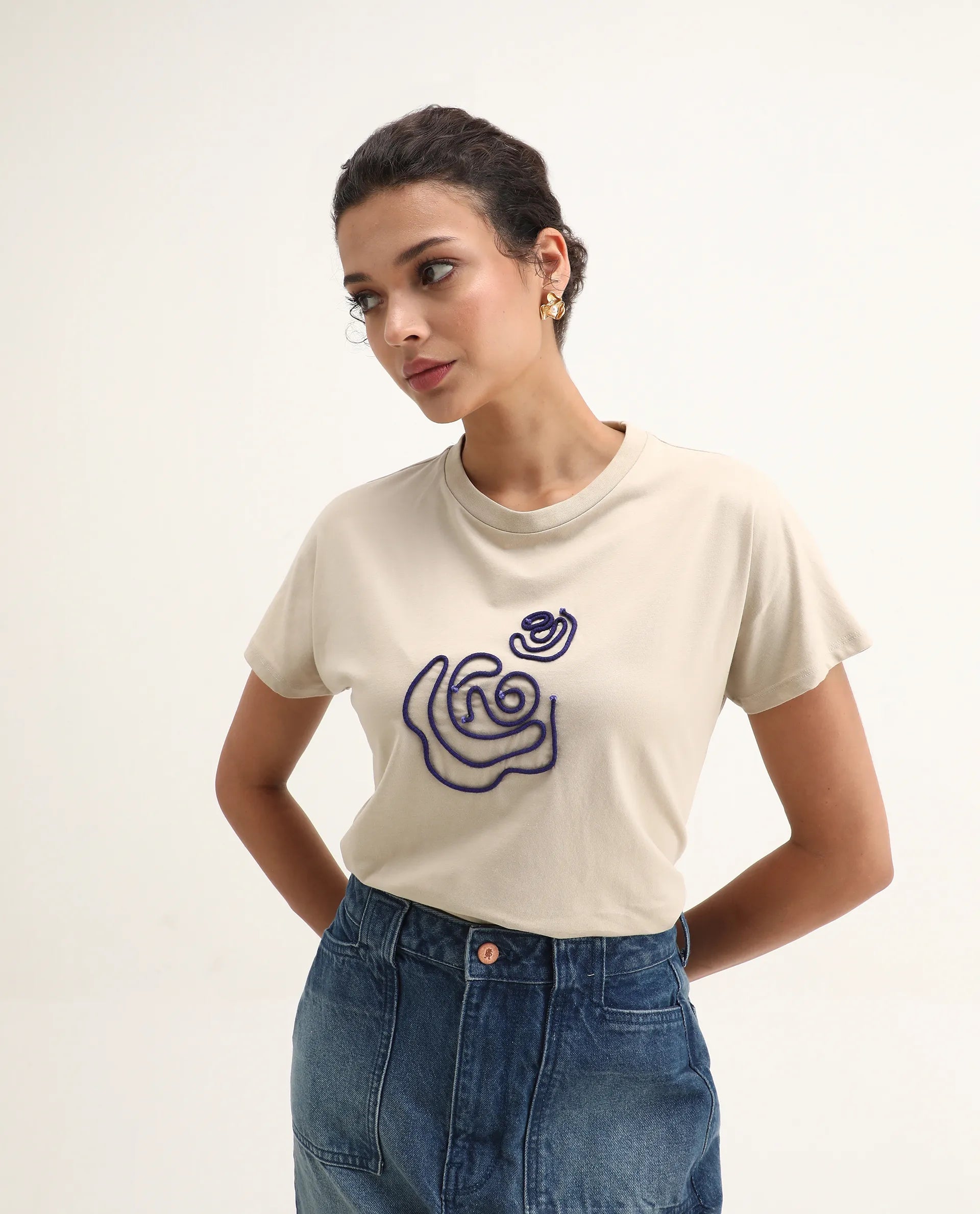 Rareism Women's Jancor Beige Cotton Blend Round Neck Plain Regular Fit T-Shirt