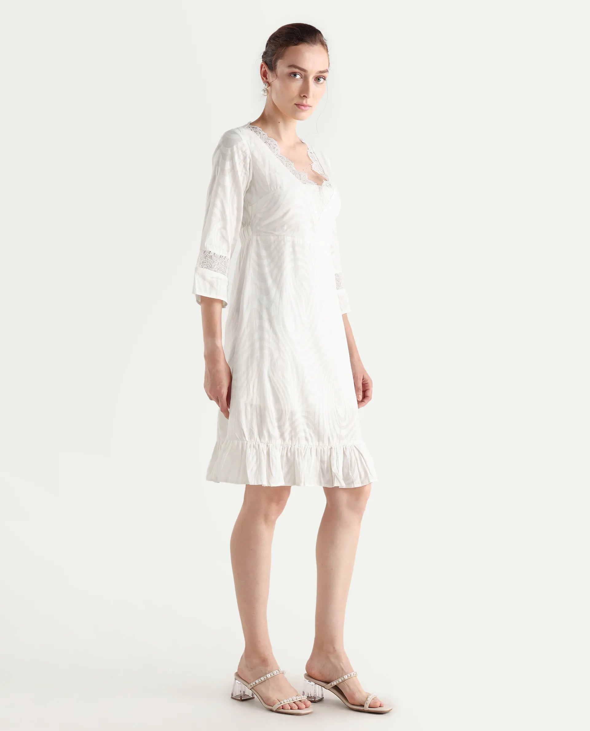 Rareism Women's Jancuol Off White Cotton V-Neck Plain Bell Sleeve Knee Length Fit And Flare Dress