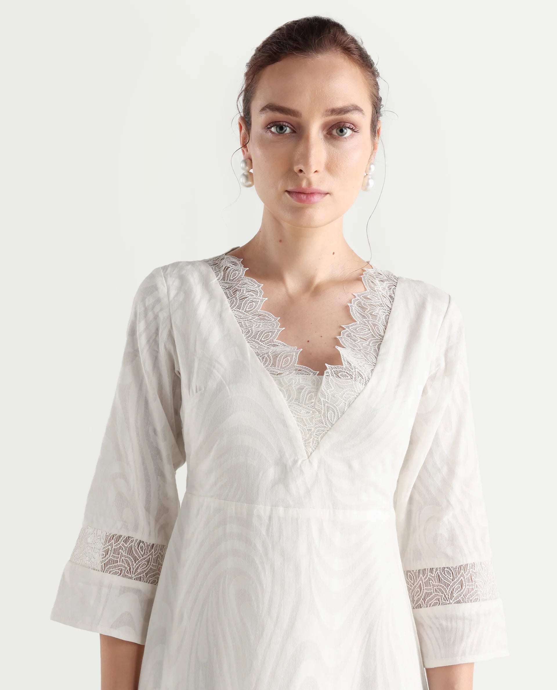 Rareism Women's Jancuol Off White Cotton V-Neck Plain Bell Sleeve Knee Length Fit And Flare Dress