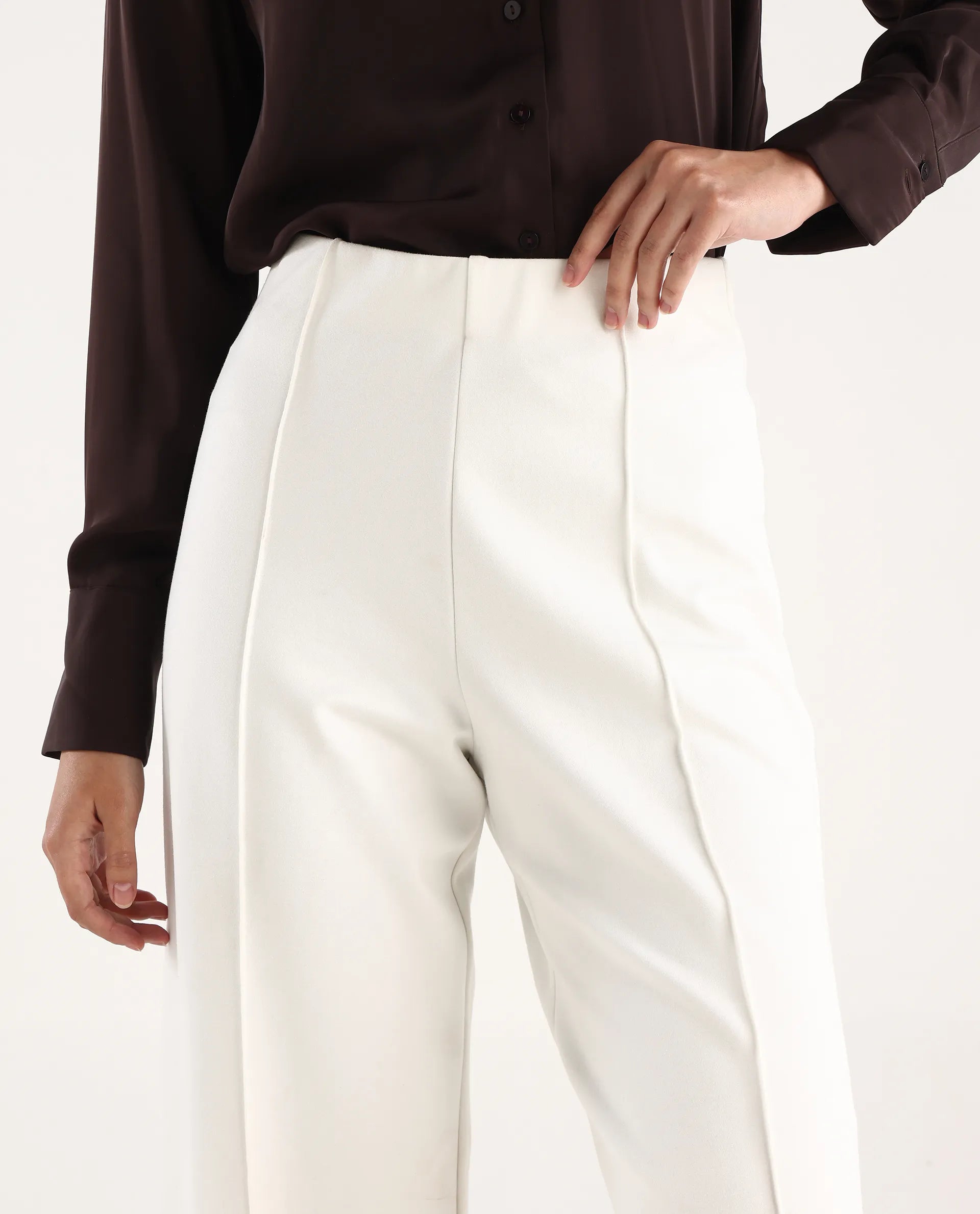 Rareism Women's Jancura Off White Nylon Straight Plain Trouser