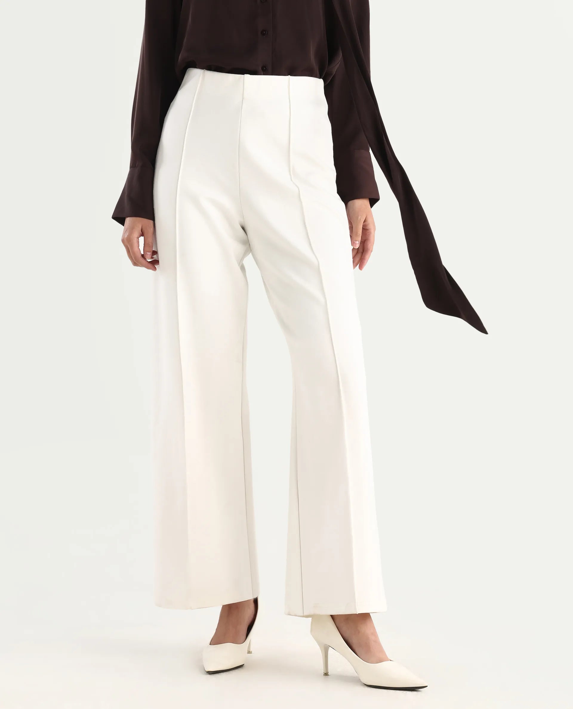 Rareism Women's Jancura-S26 Off White Viscose Blend Relaxed Fit Plain Trouser