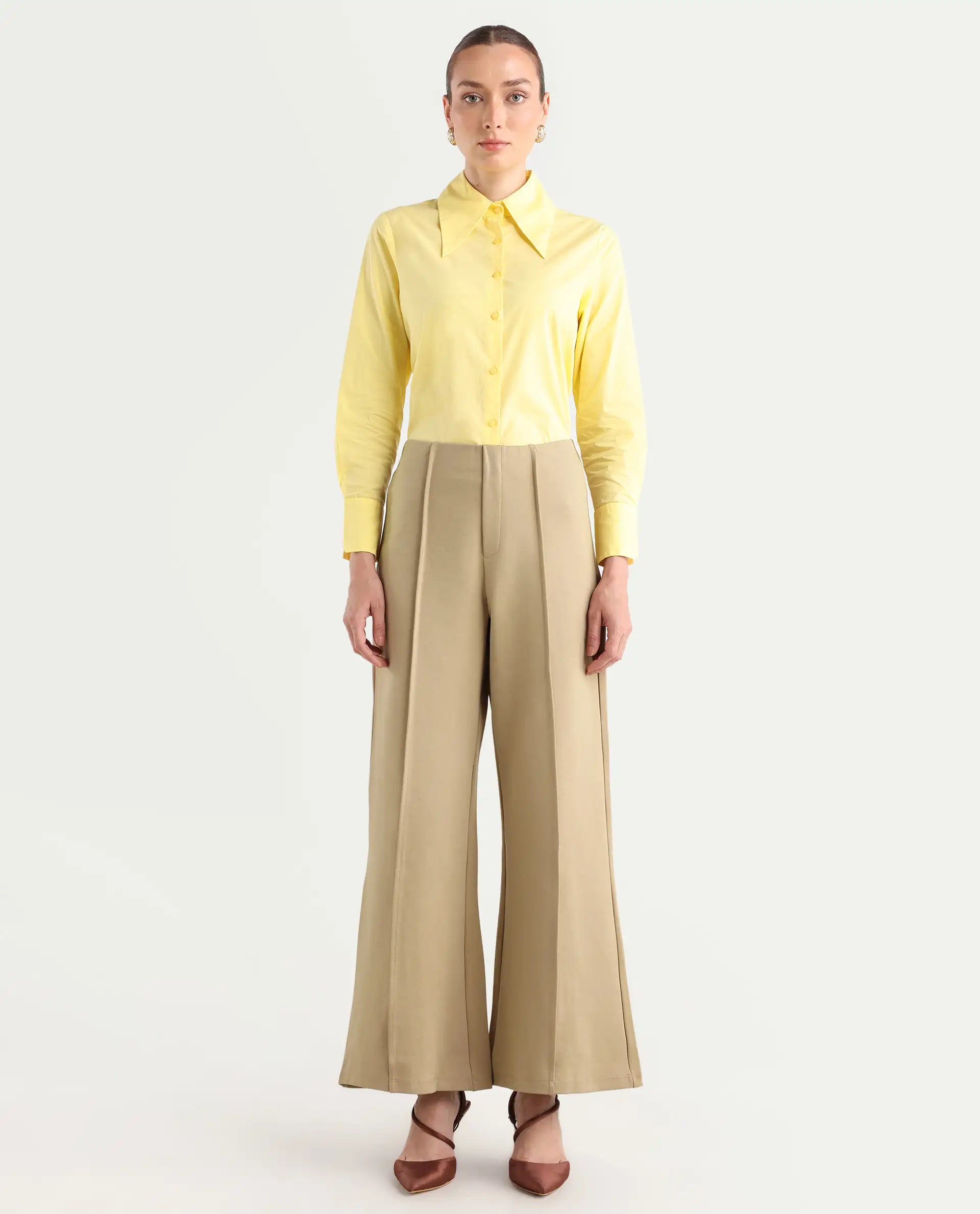 Rareism Women's Jancura Beige Rayon Plain Ankle Length Bootcut Trouser