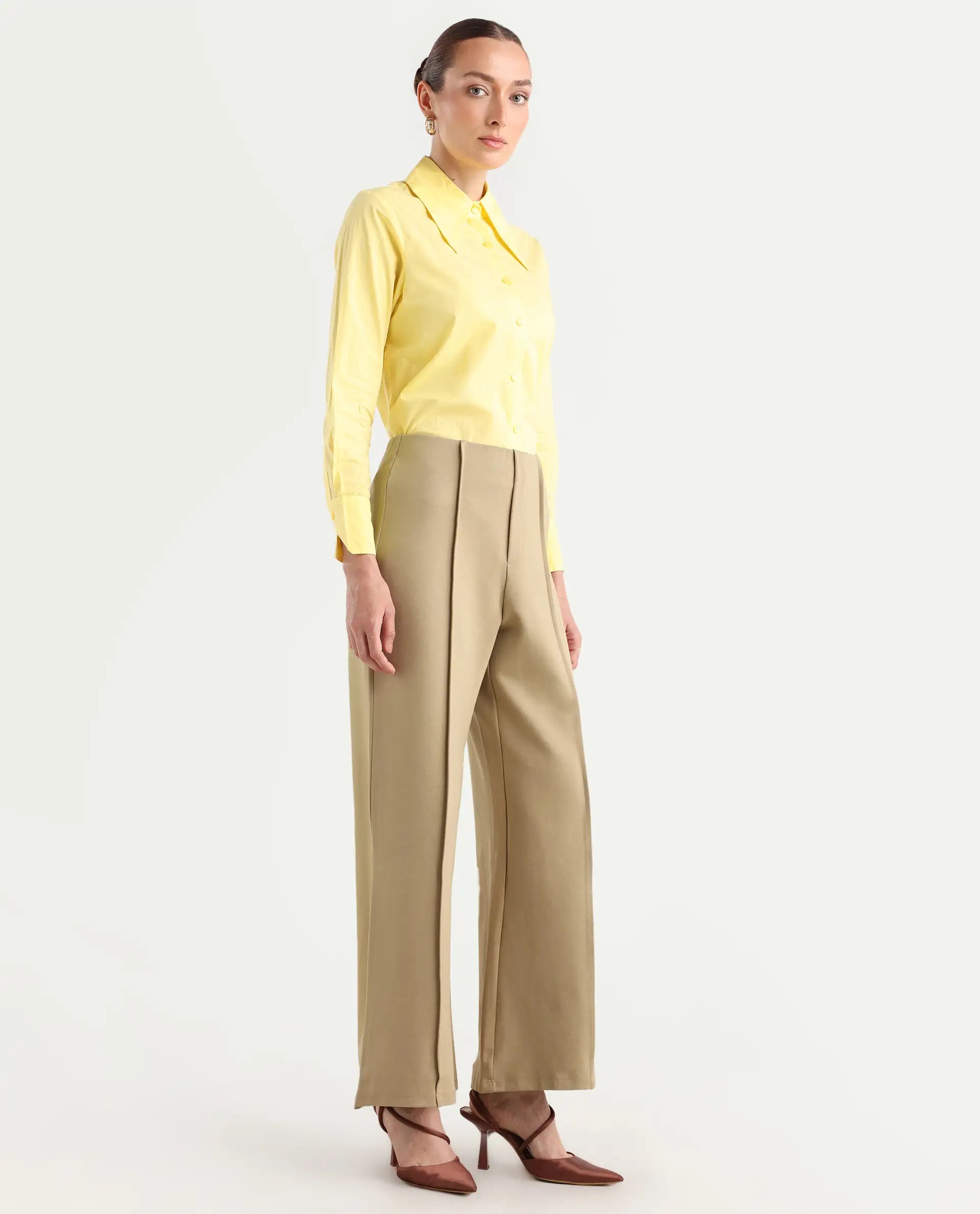 Rareism Women's Jancura Beige Rayon Plain Ankle Length Bootcut Trouser