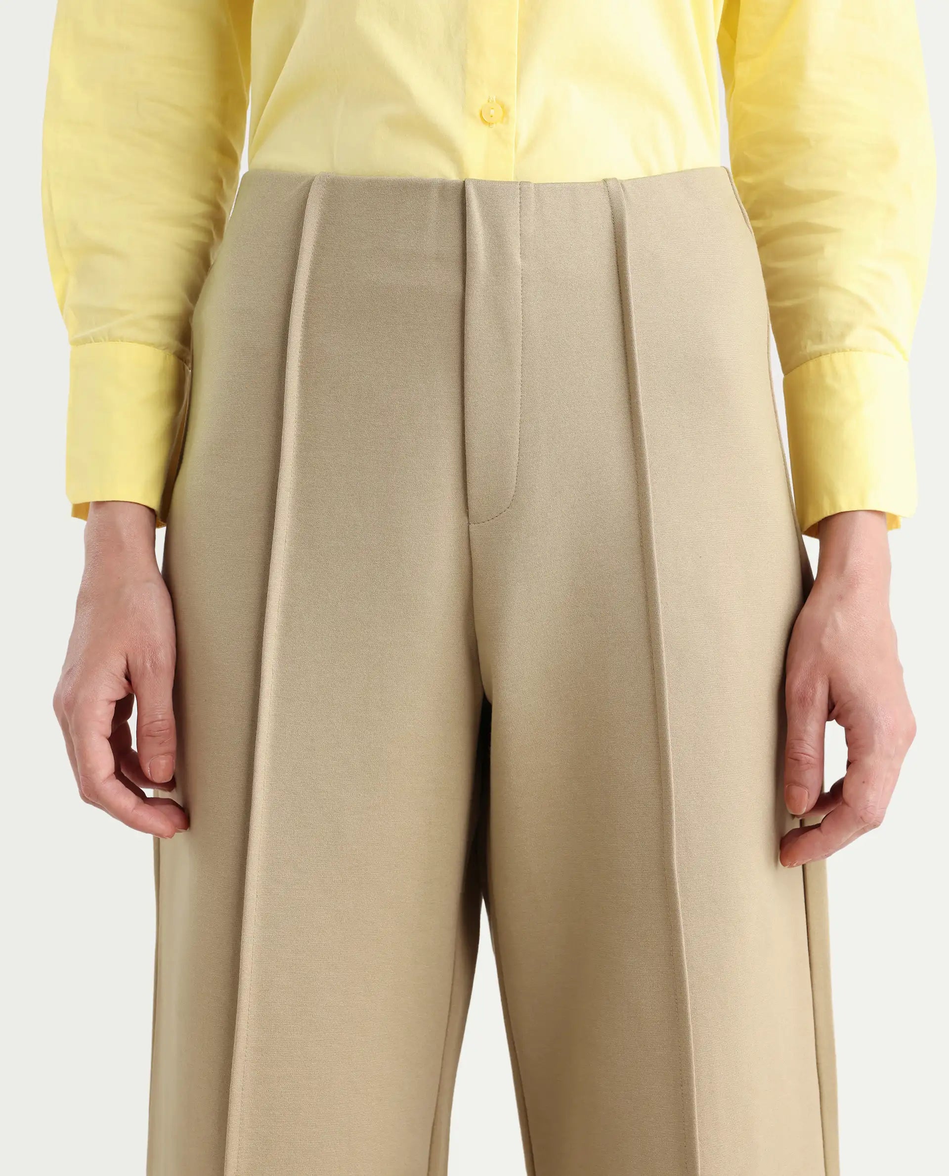 Rareism Women's Jancura Beige Rayon Plain Ankle Length Bootcut Trouser