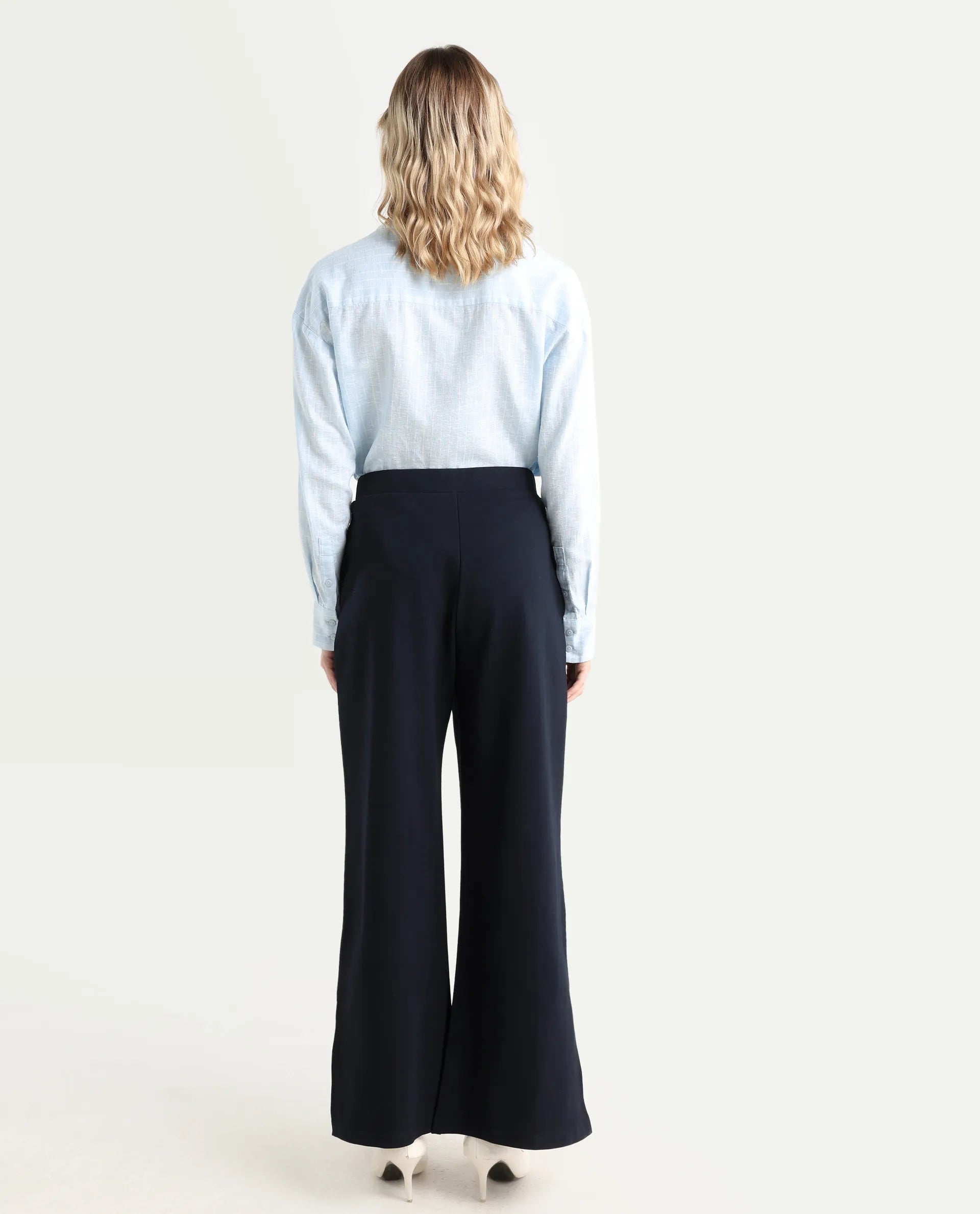 Rareism Women's Jancuri Navy Rayon Blend Plain Ankle Length Straight Fit Trouser