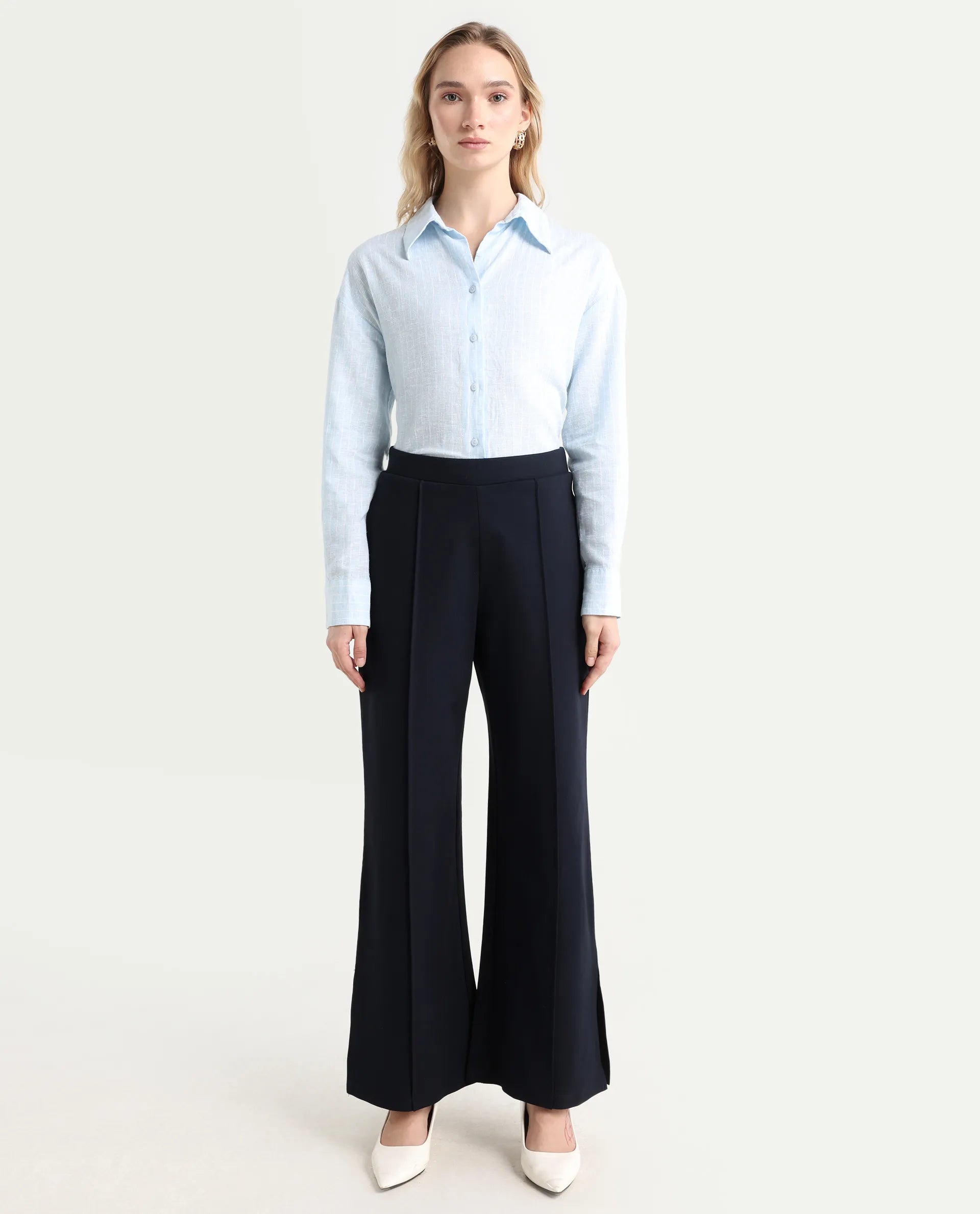 Rareism Women's Jancuri Navy Rayon Blend Plain Ankle Length Straight Fit Trouser