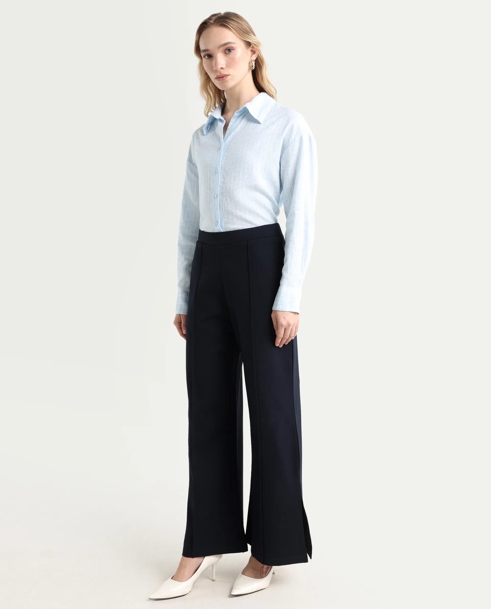Rareism Women's Jancuri Navy Rayon Blend Plain Ankle Length Straight Fit Trouser